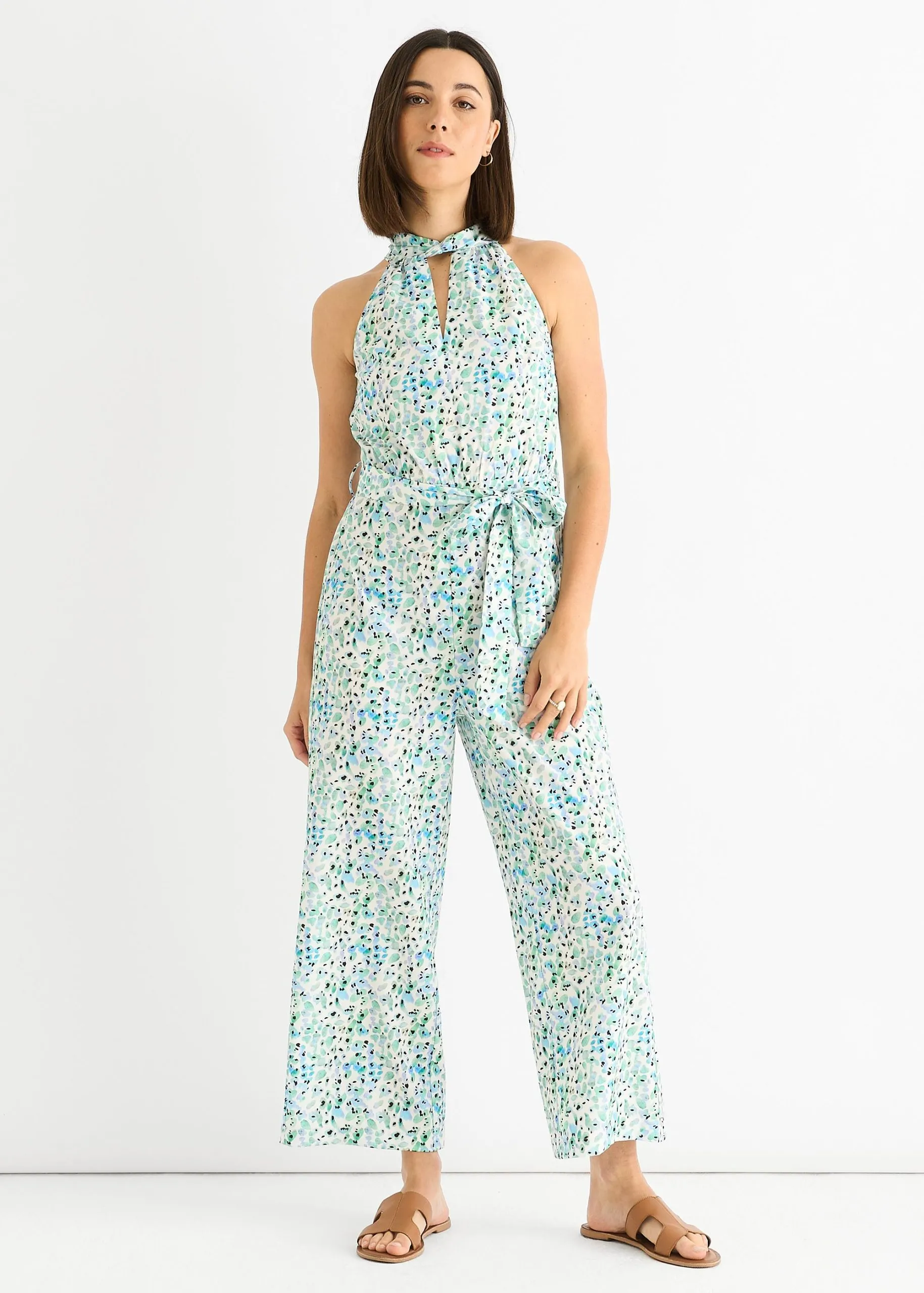 Blue Petit Halter Neck Keyhole Wide Leg  Crop Jumpsuit