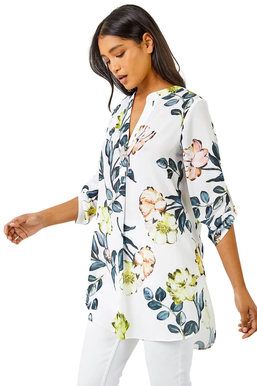 V-Neck Longline Button Detail Floral Tunic Top