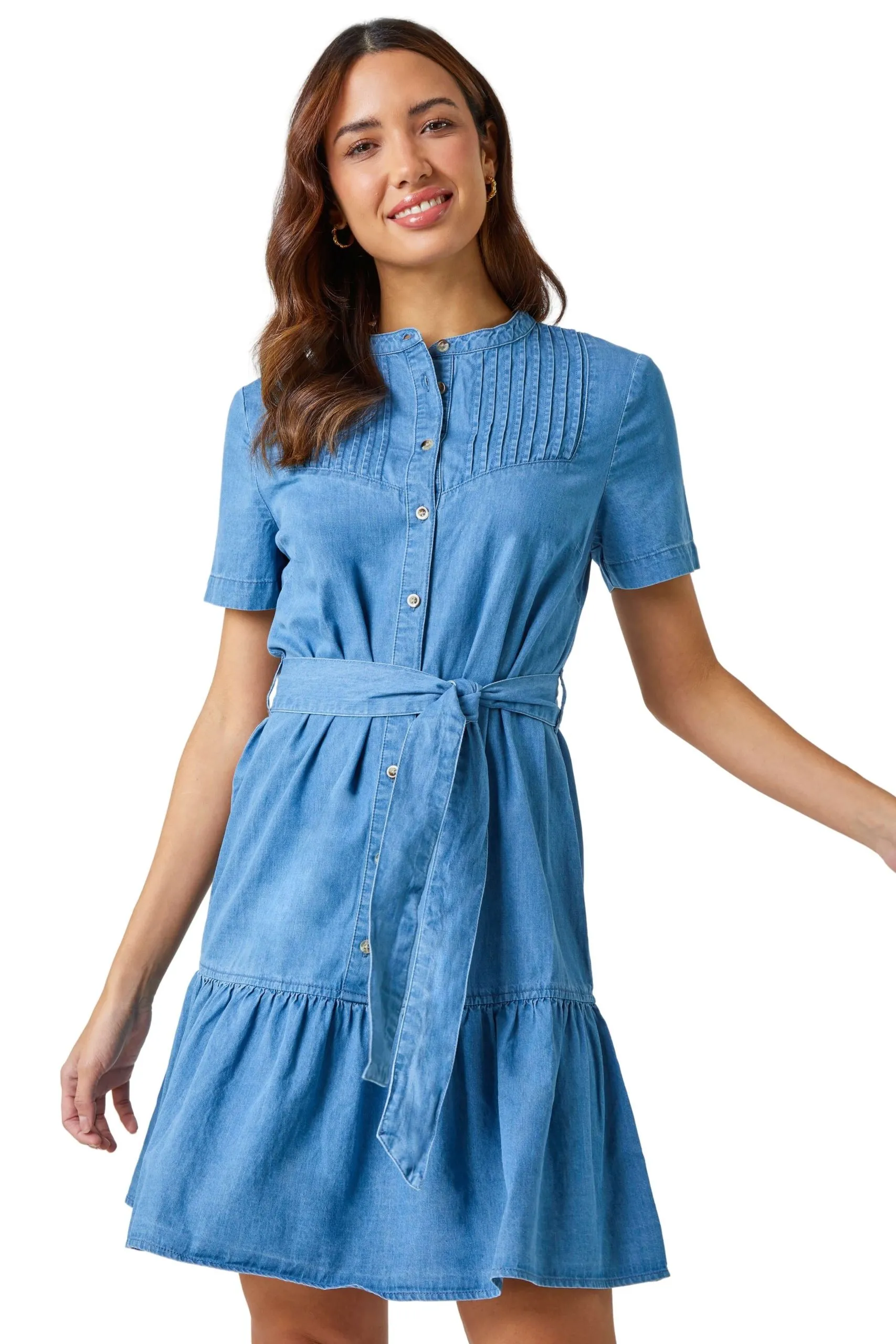 Belted Cotton Denim Frill Hem Dress