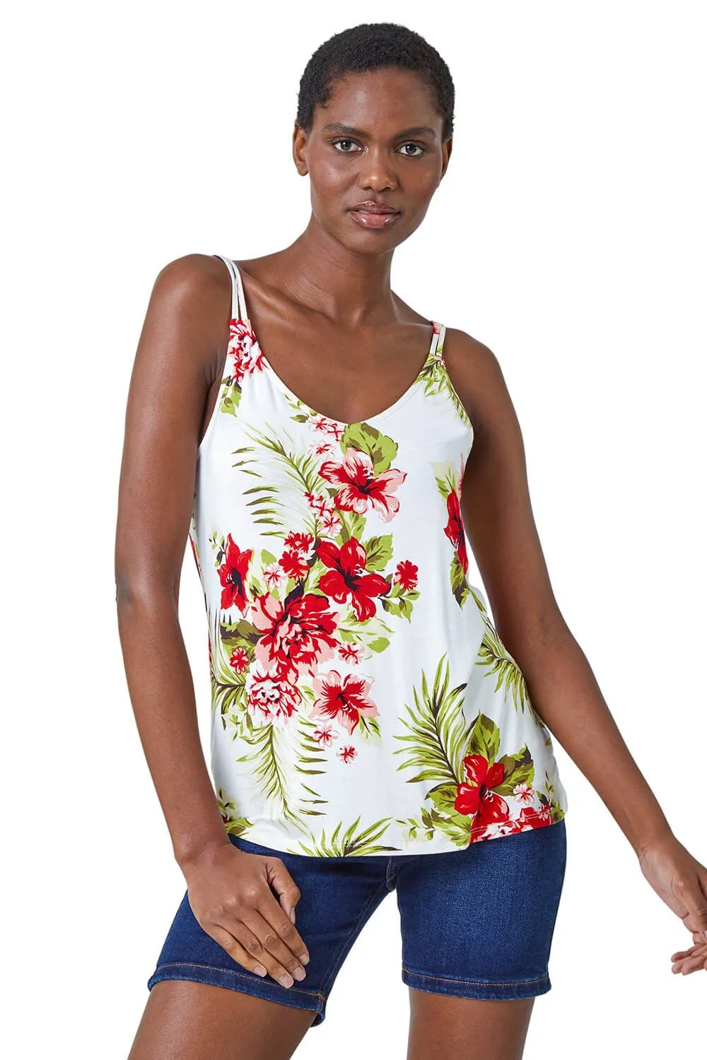 Tropical Print V-Neck Strap Detail Cami Top