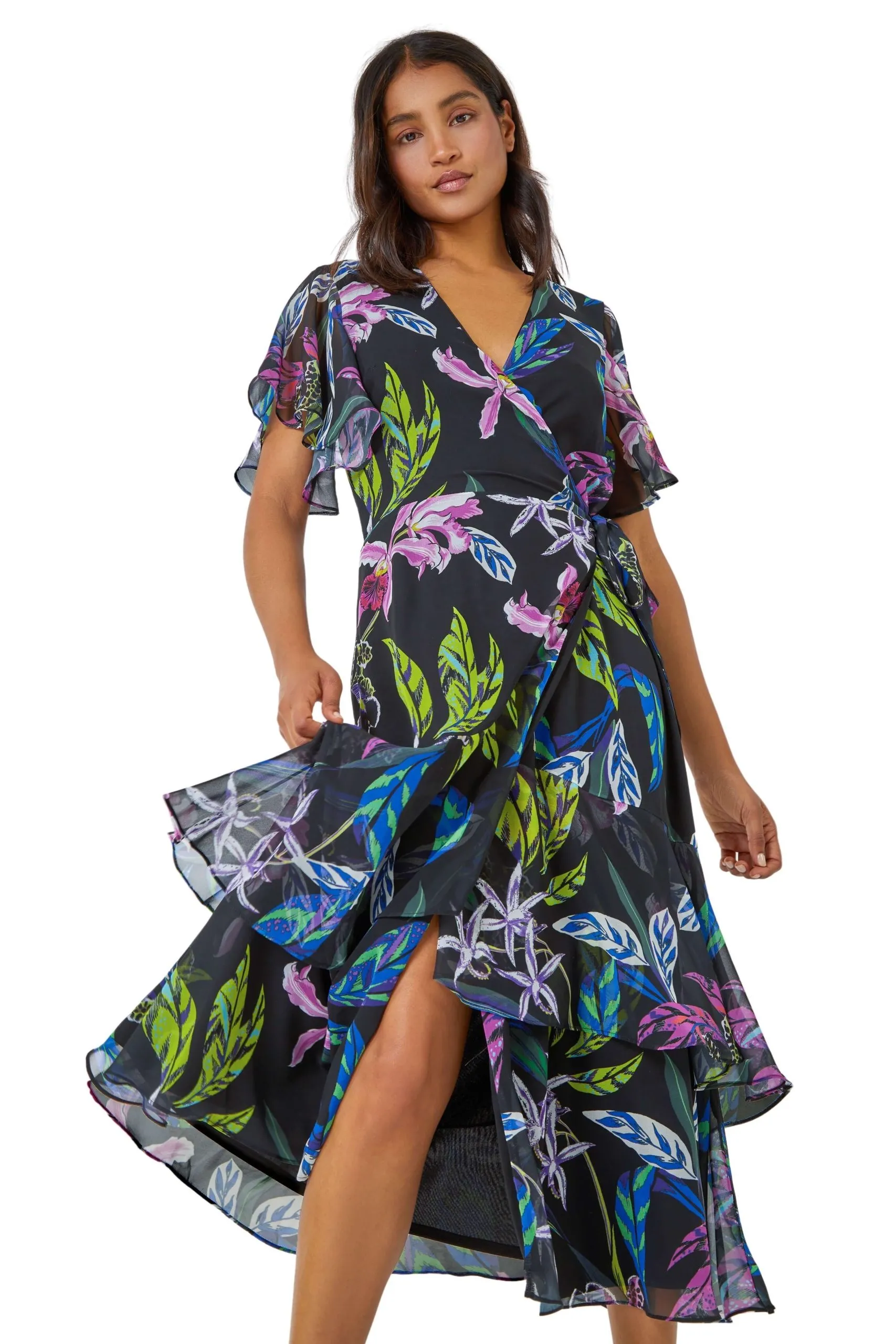 Tropical Print Chiffon Tiered Wrap Midi Dress