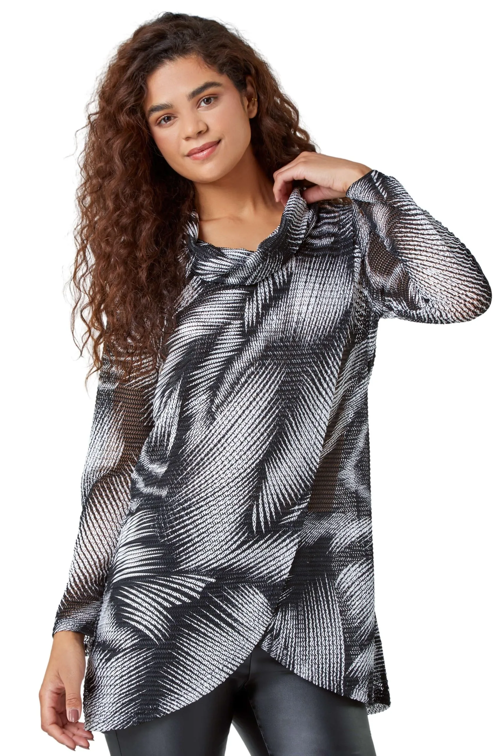 Abstract Print Cowl Neck Stretch Tunic Top