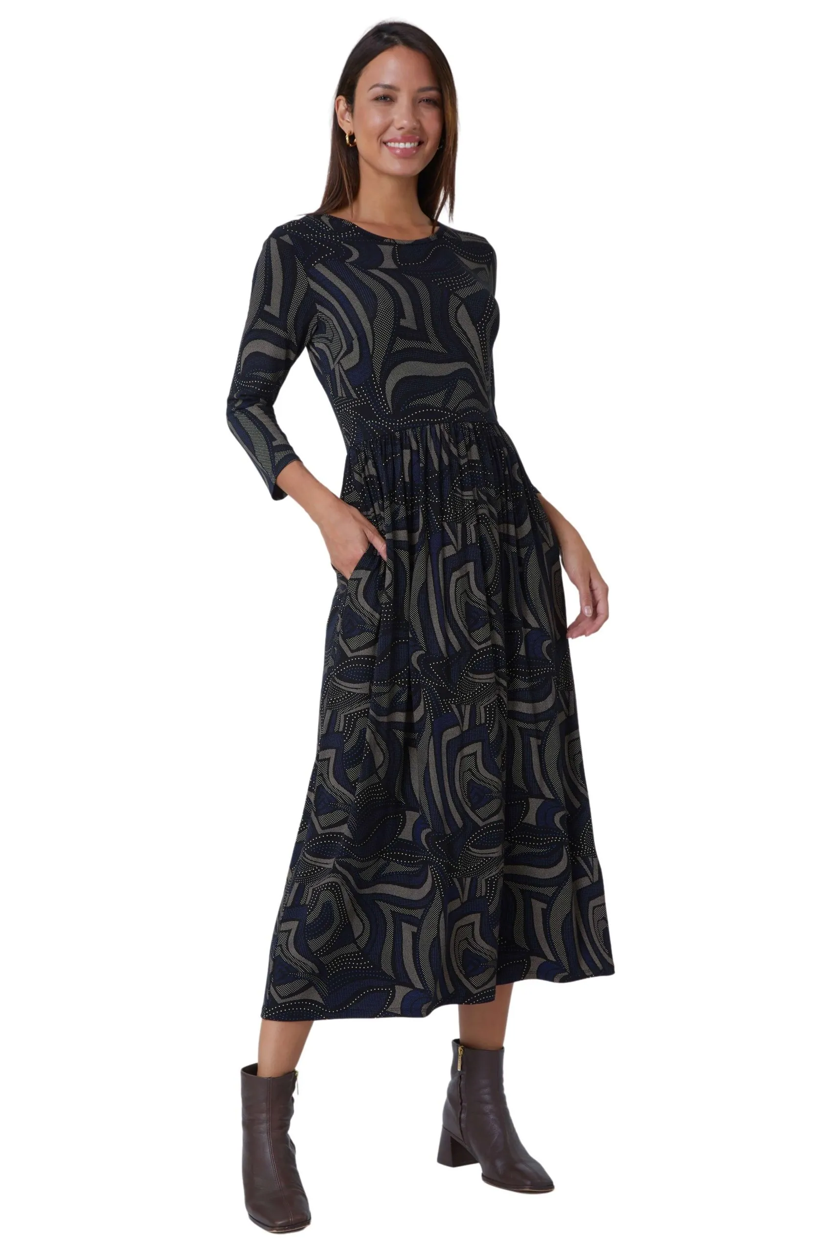 Abstract Pocket Detail Midi Stretch Dress