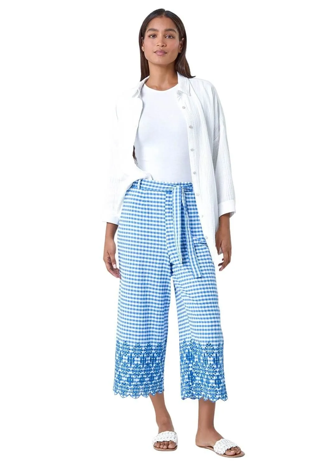 Gingham Cotton Broderie Cropped Trousers