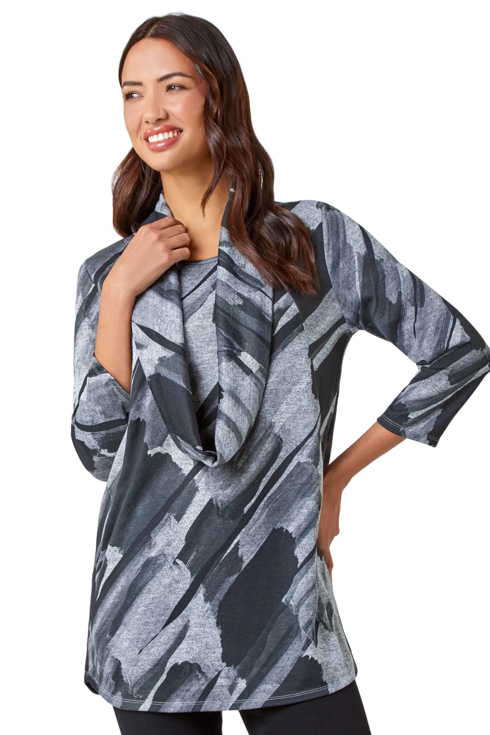 Abstract Print Pocket Tunic Top with Snood