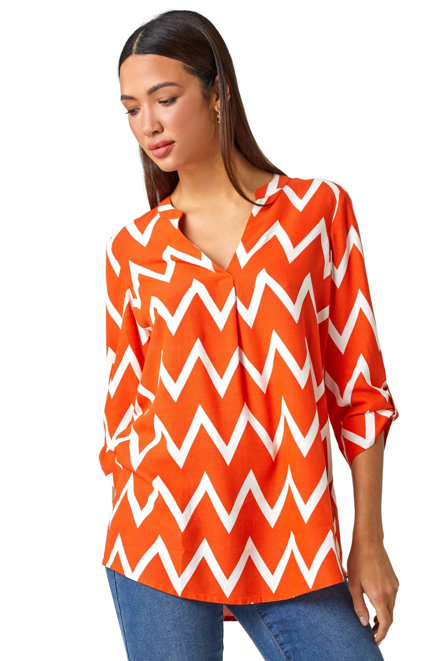 Zig Zag Print V-Neck Pleat Detail Tunic Top