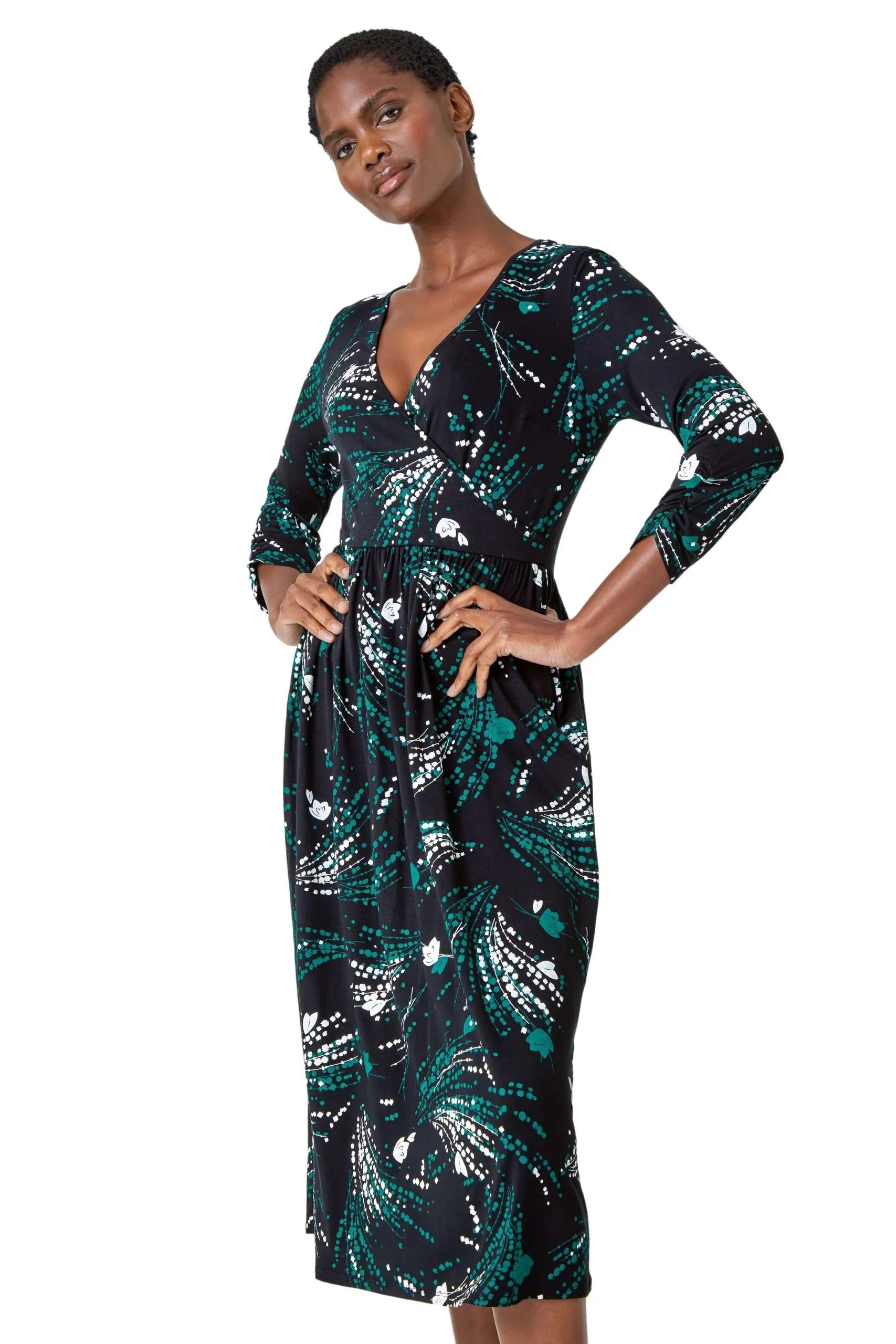 Abstract Print Wrap Midi Stretch Dress