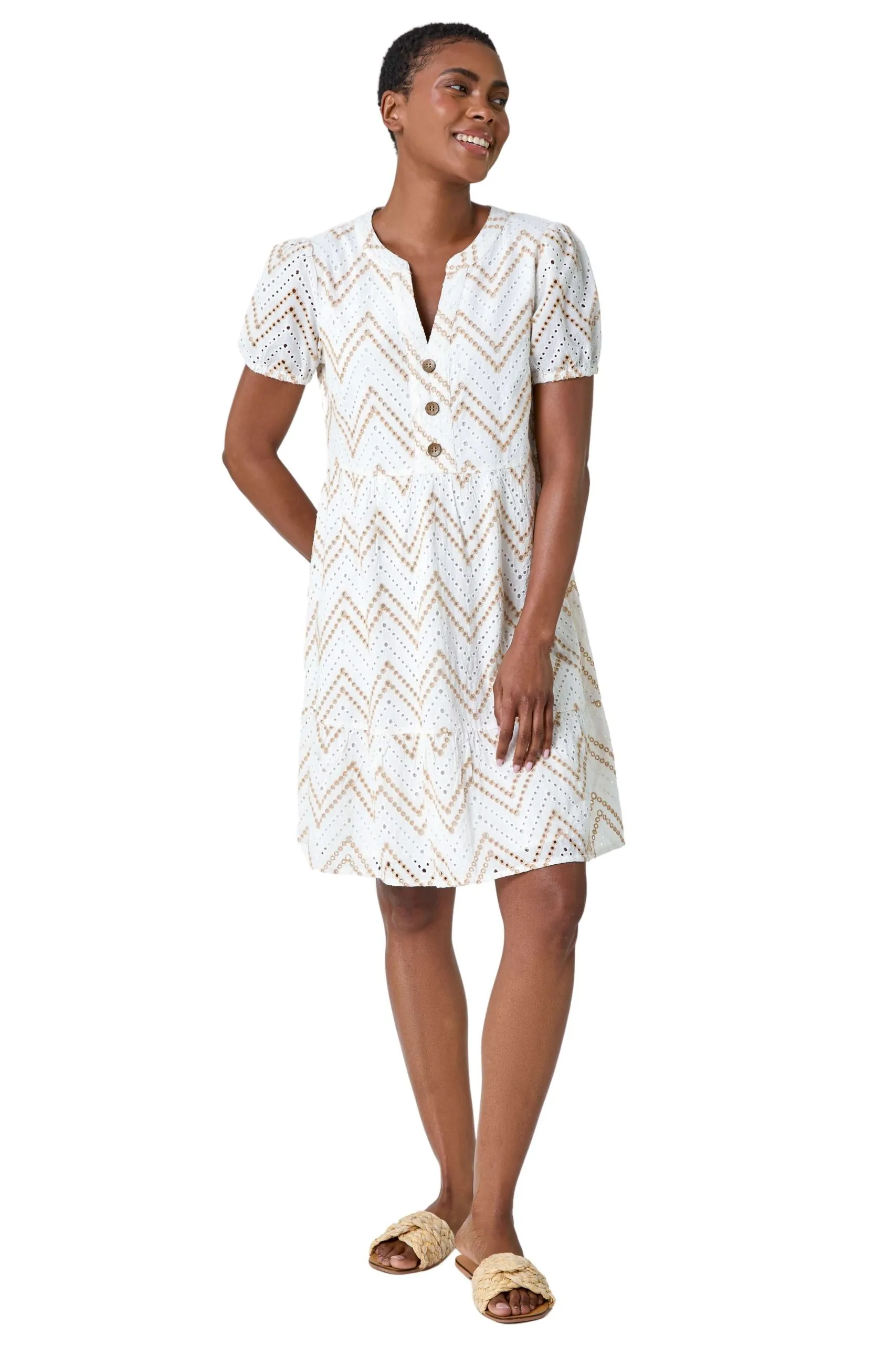 Zig-Zag Embroidered Cotton Tunic Dress