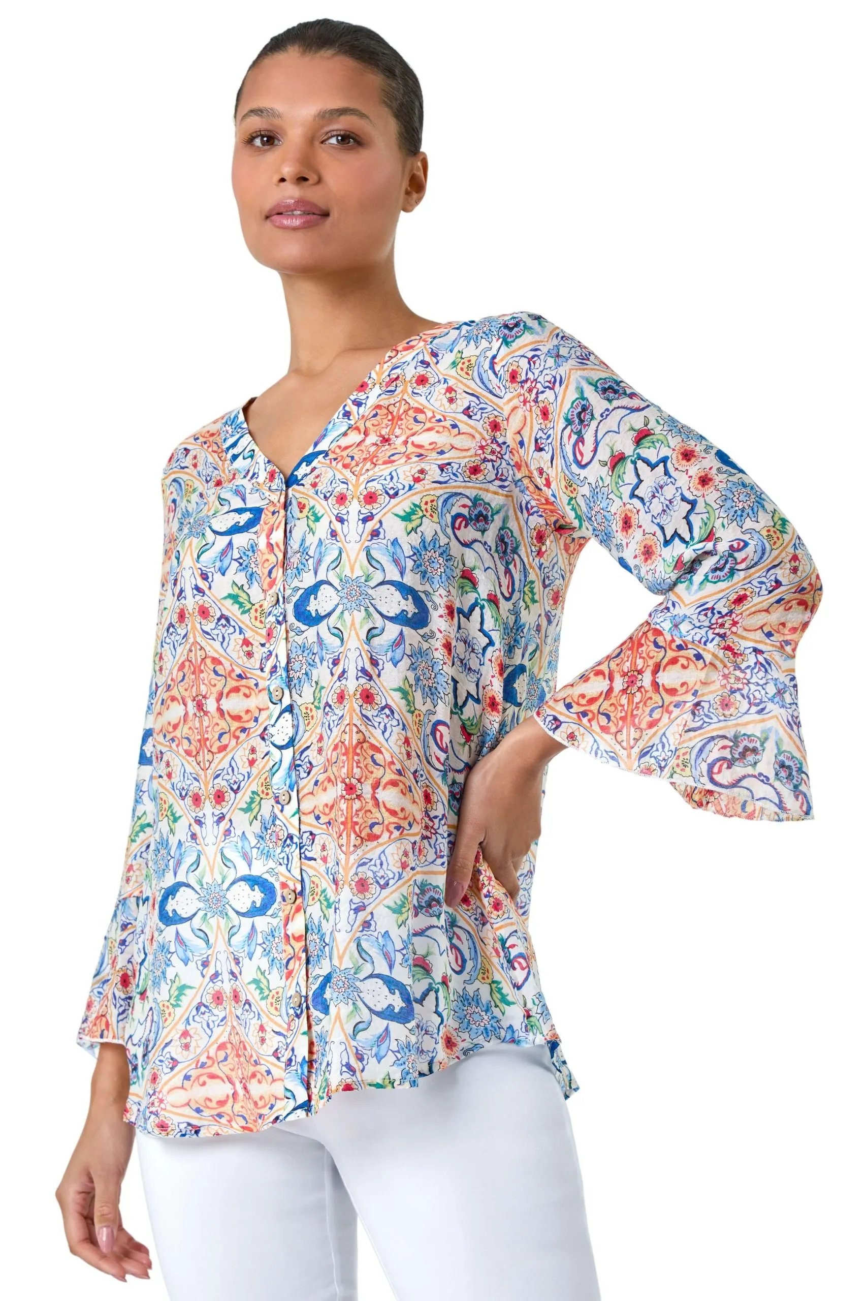 Abstract Floral Frill Sleeve Top