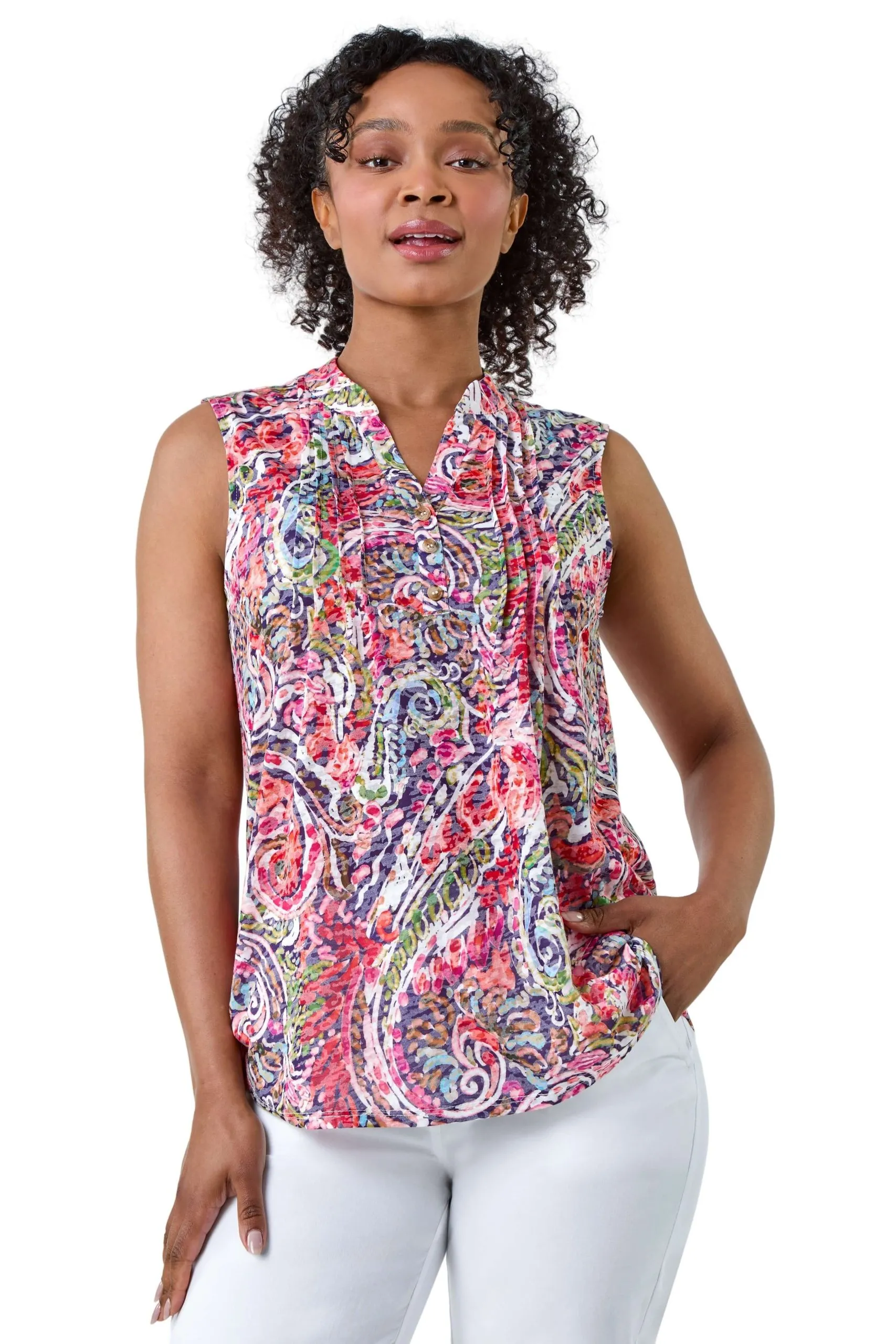 Petite Paisley Pleat Front Button Top