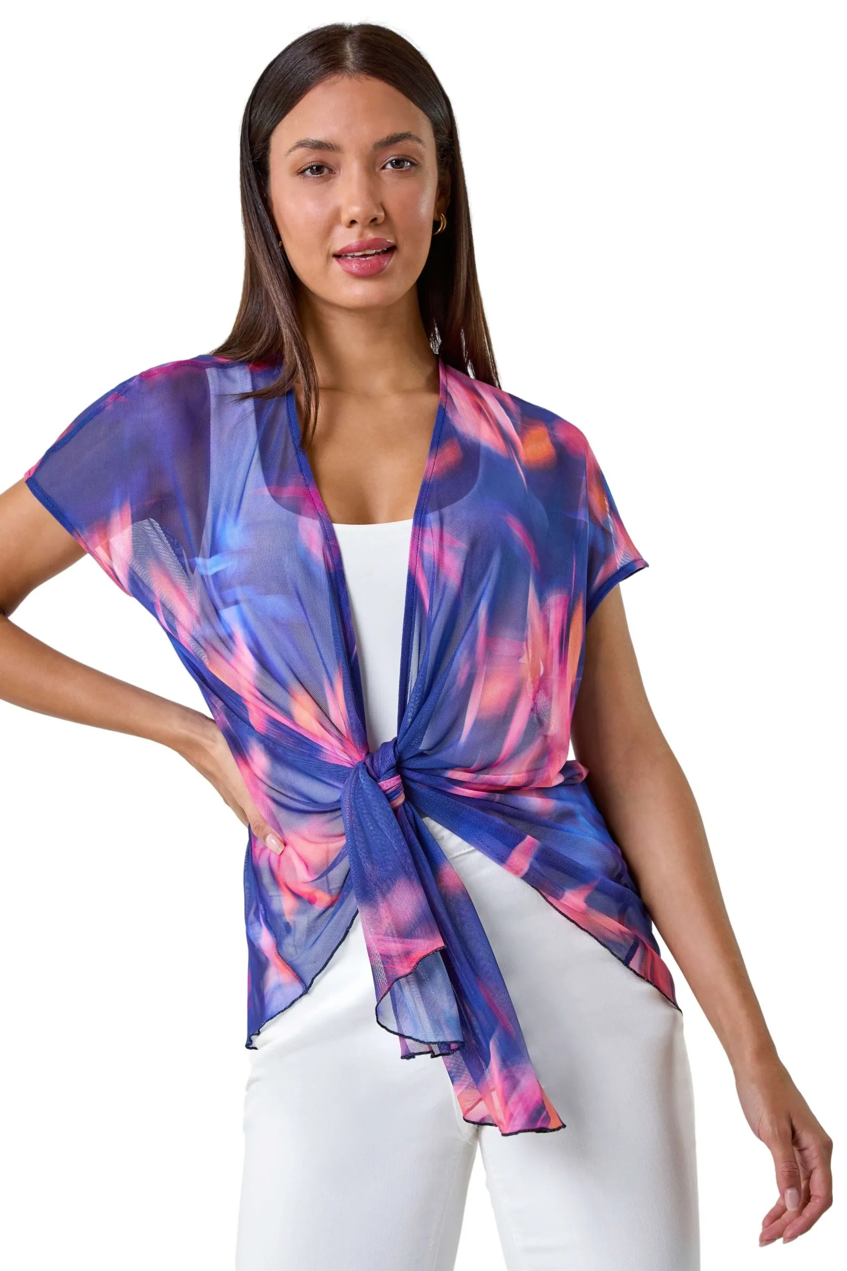 Abstract Print Stretch Mesh Cardigan