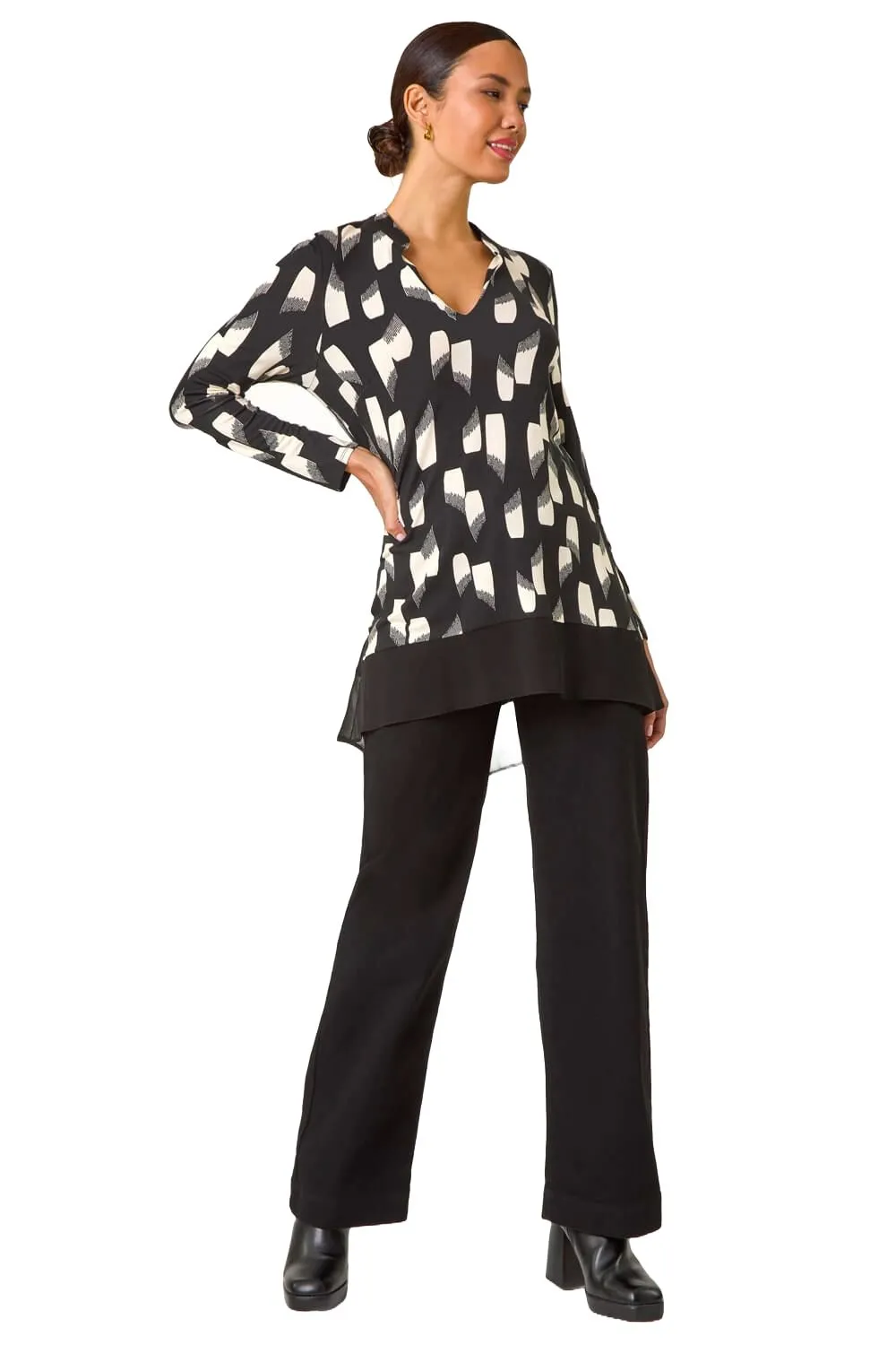 Abstract Print Chiffon Hem Stretch Top