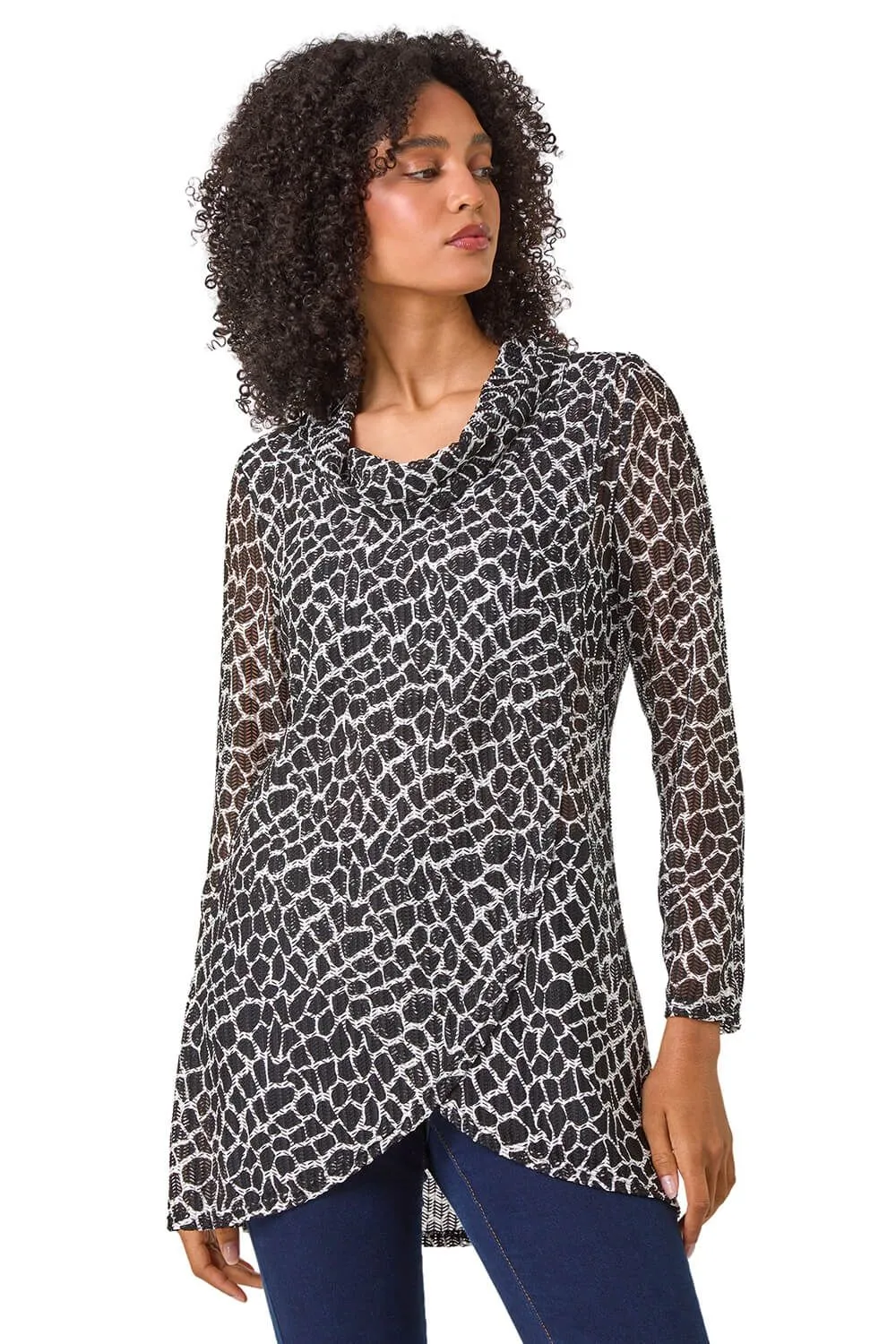 Abstract Print Cowl Neck Stretch Top