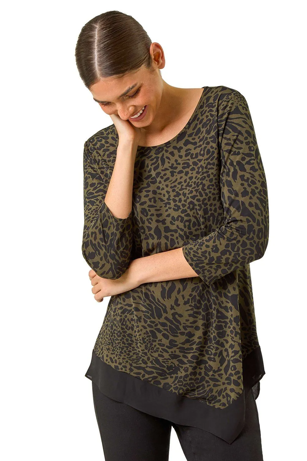 Animal Print Chiffon Asymmetric Hem Top