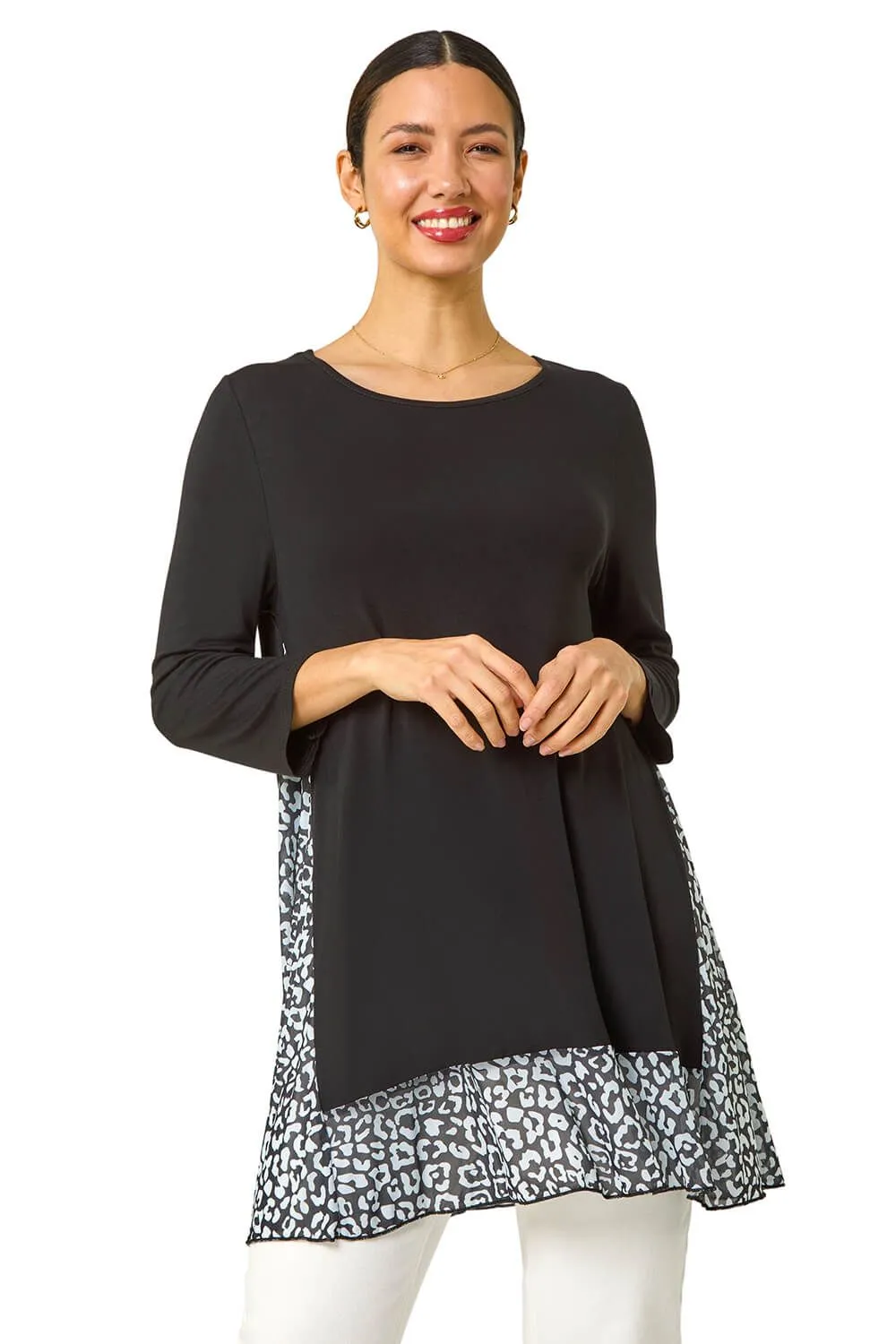 Animal Print Contrast Mesh Hem Stretch Top