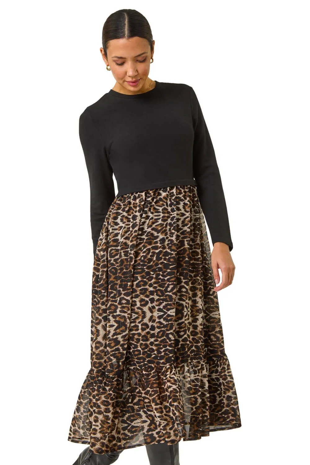 2 in 1 Animal Print Stretch Midi Dress