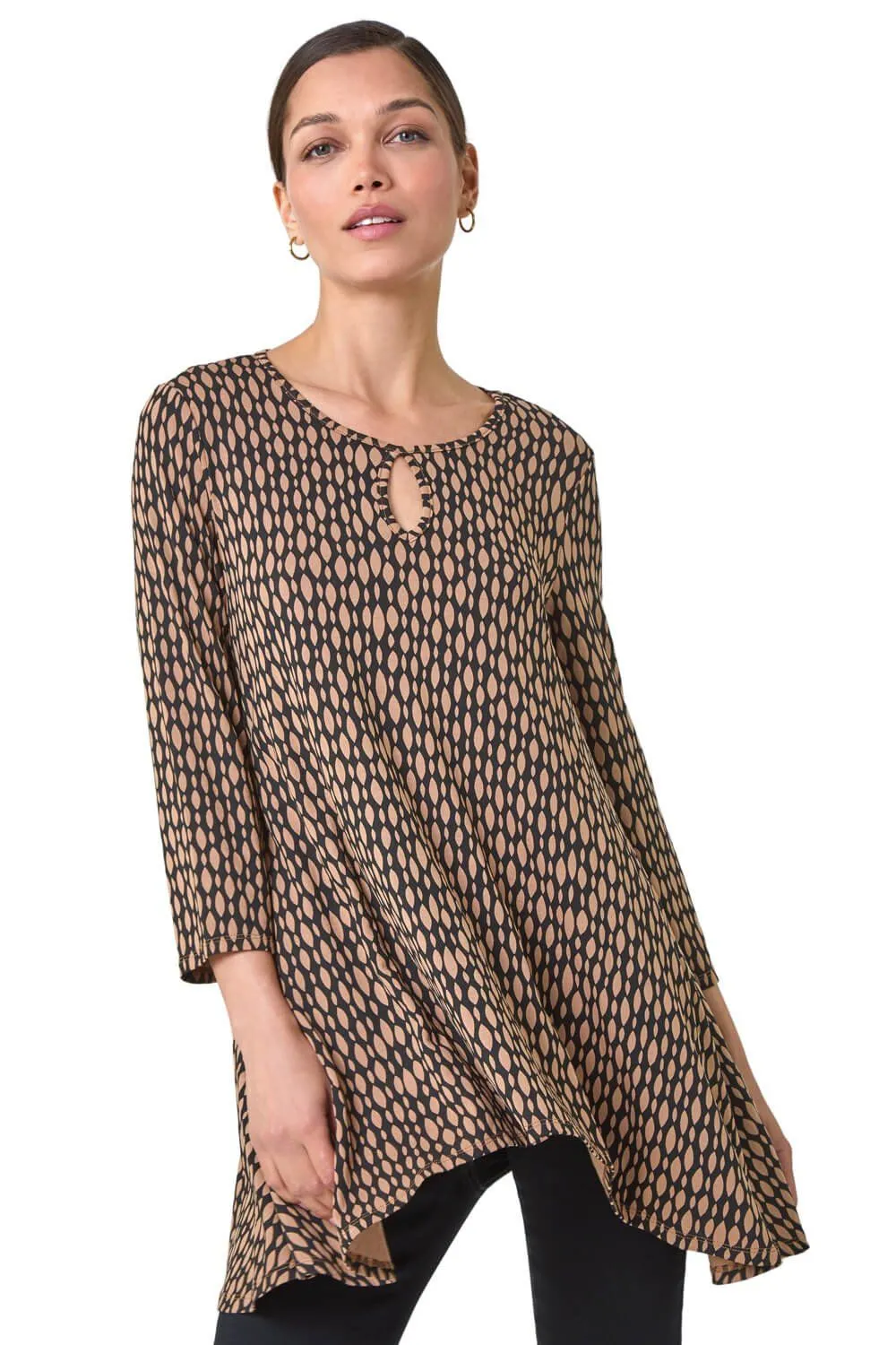 Abstract Linear Print Cutout Tunic Top