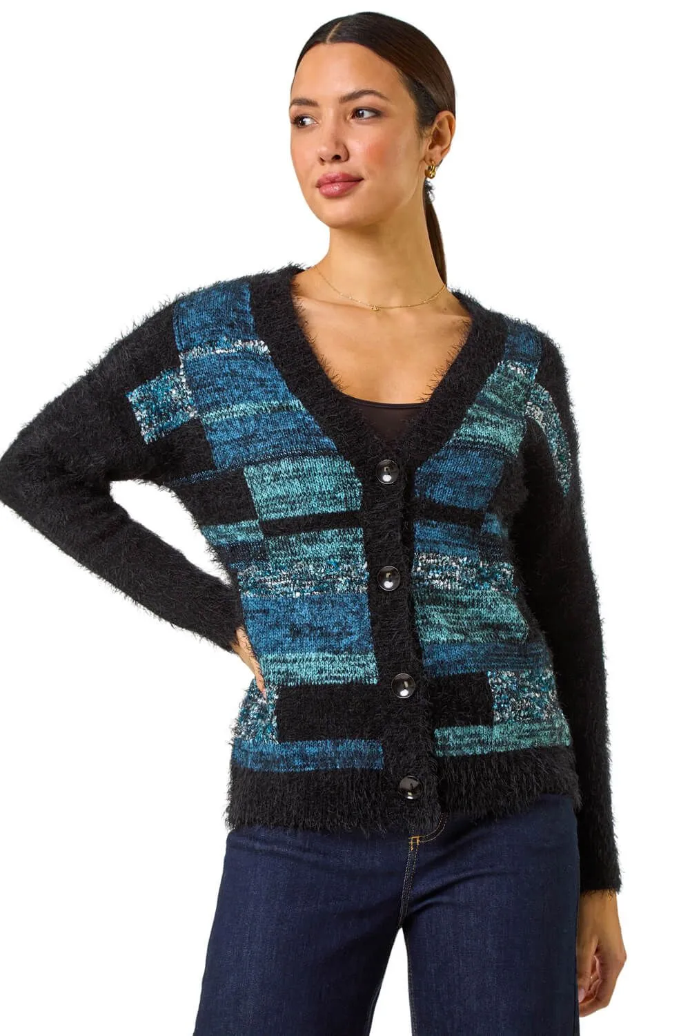 Colour Block Fluffy Knit Cardigan