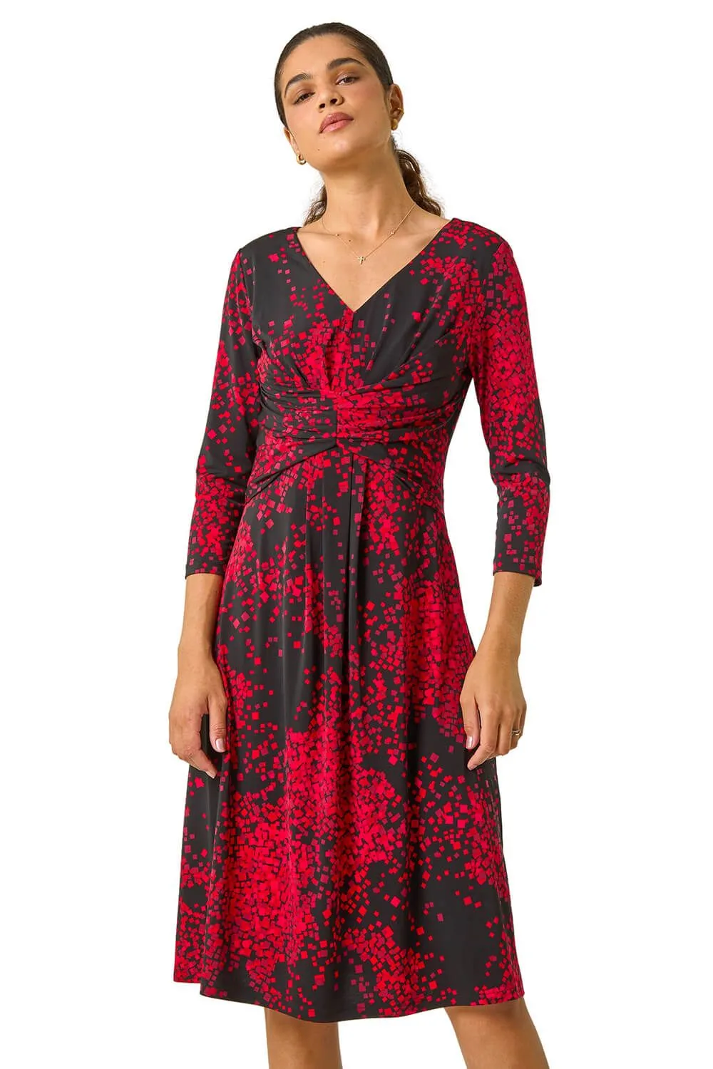Abstract Print Ruched Stretch Midi Dress
