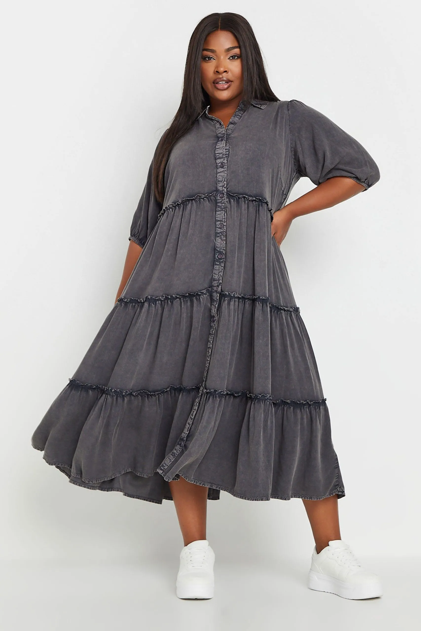 Acid Wash Tiered Shirt Dress
