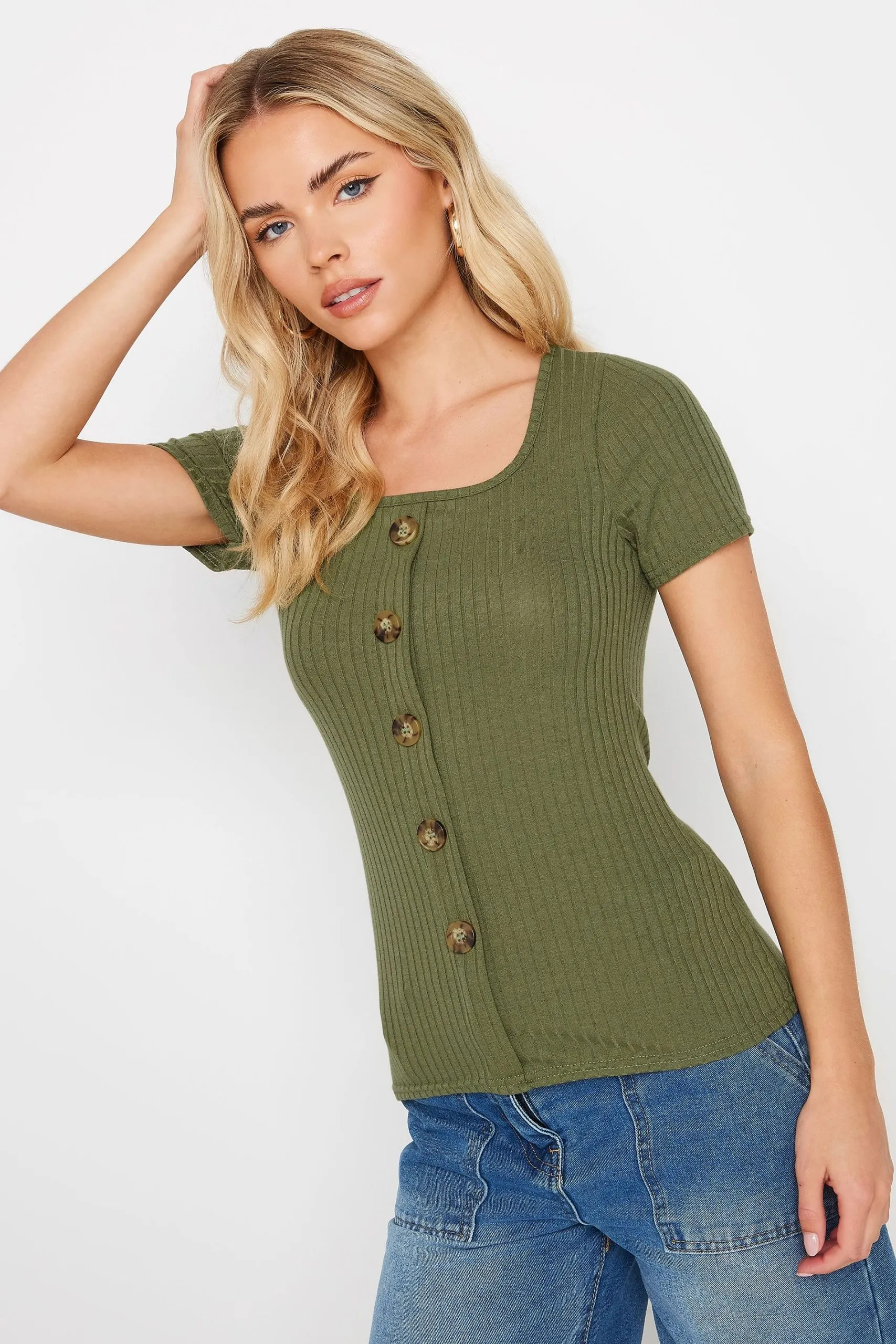 Petite Ribbed Button T-Shirt