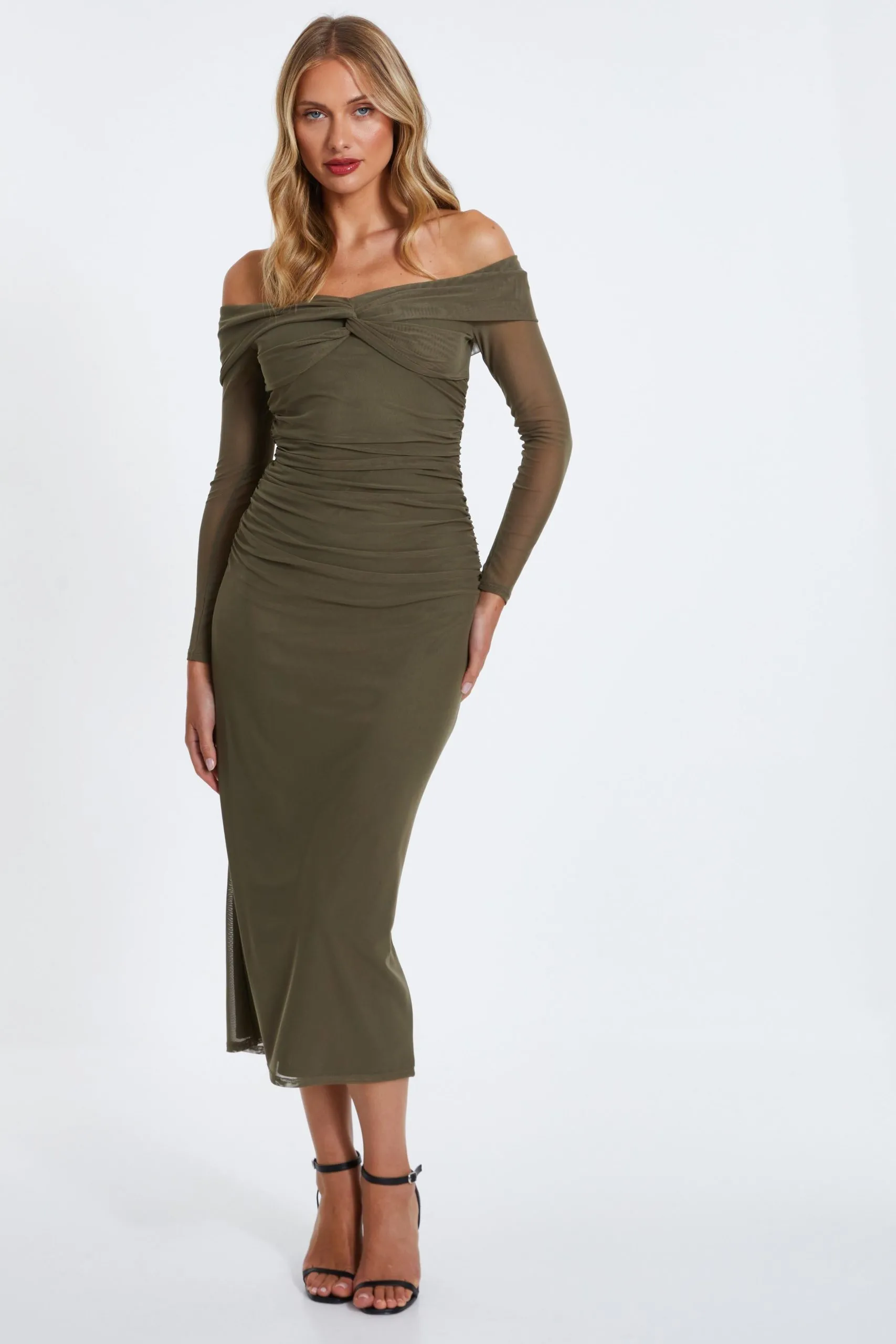 Khaki Mesh Twist Bardot Midaxi Dress