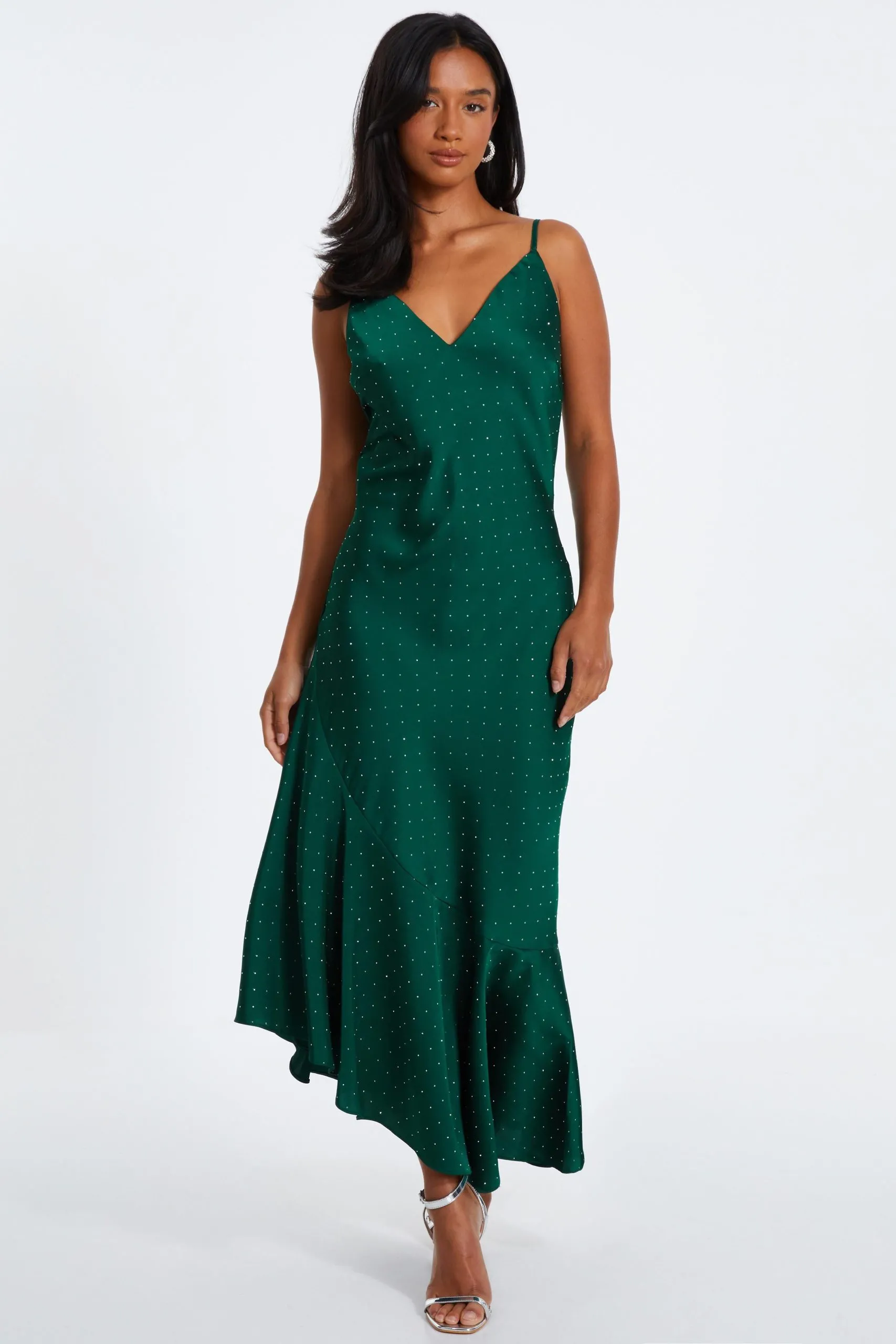 Green Petite Satin Asymmetric Midaxi Dress
