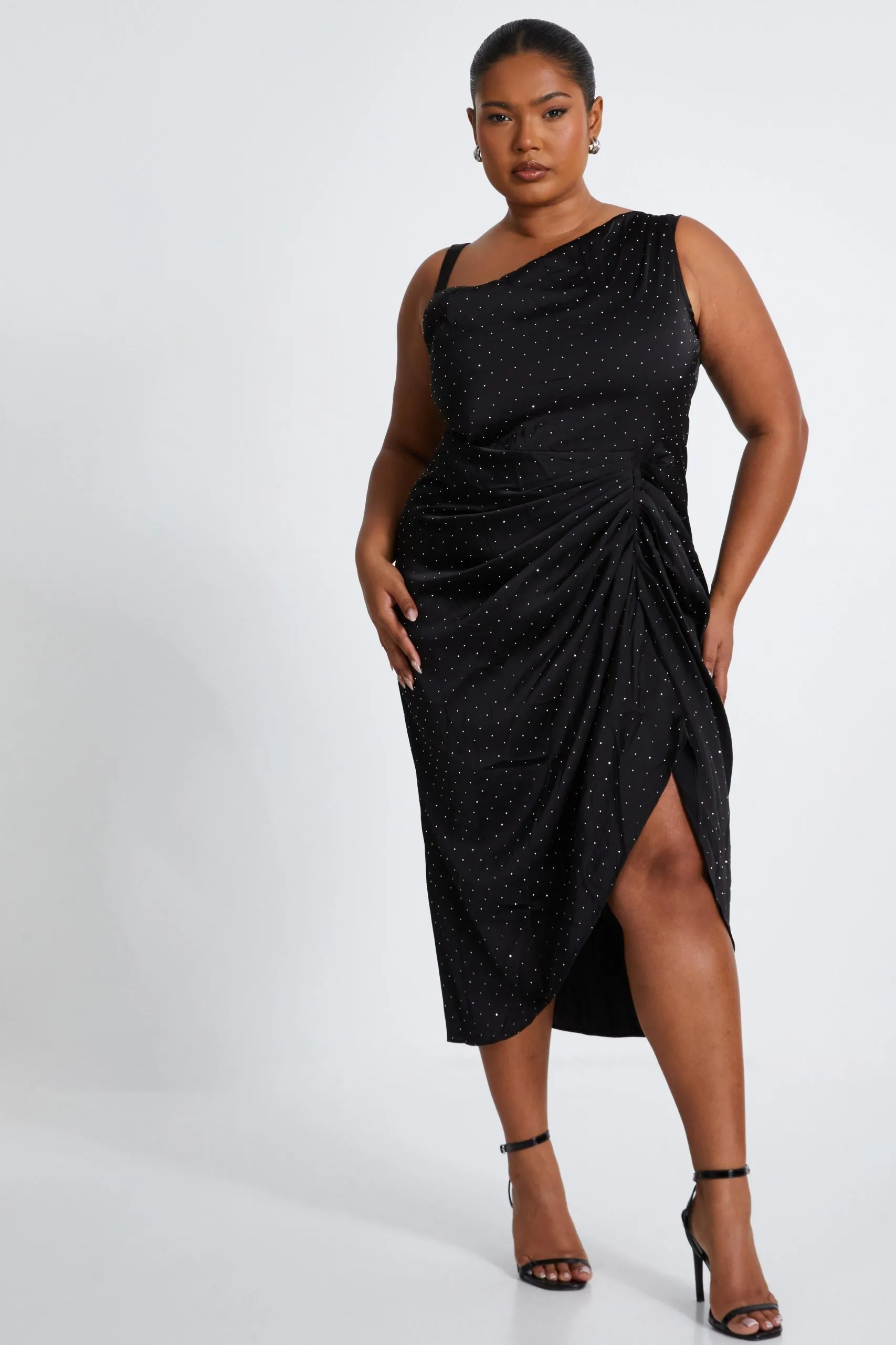 Black Curve Rhinestone Satin Midi Dress