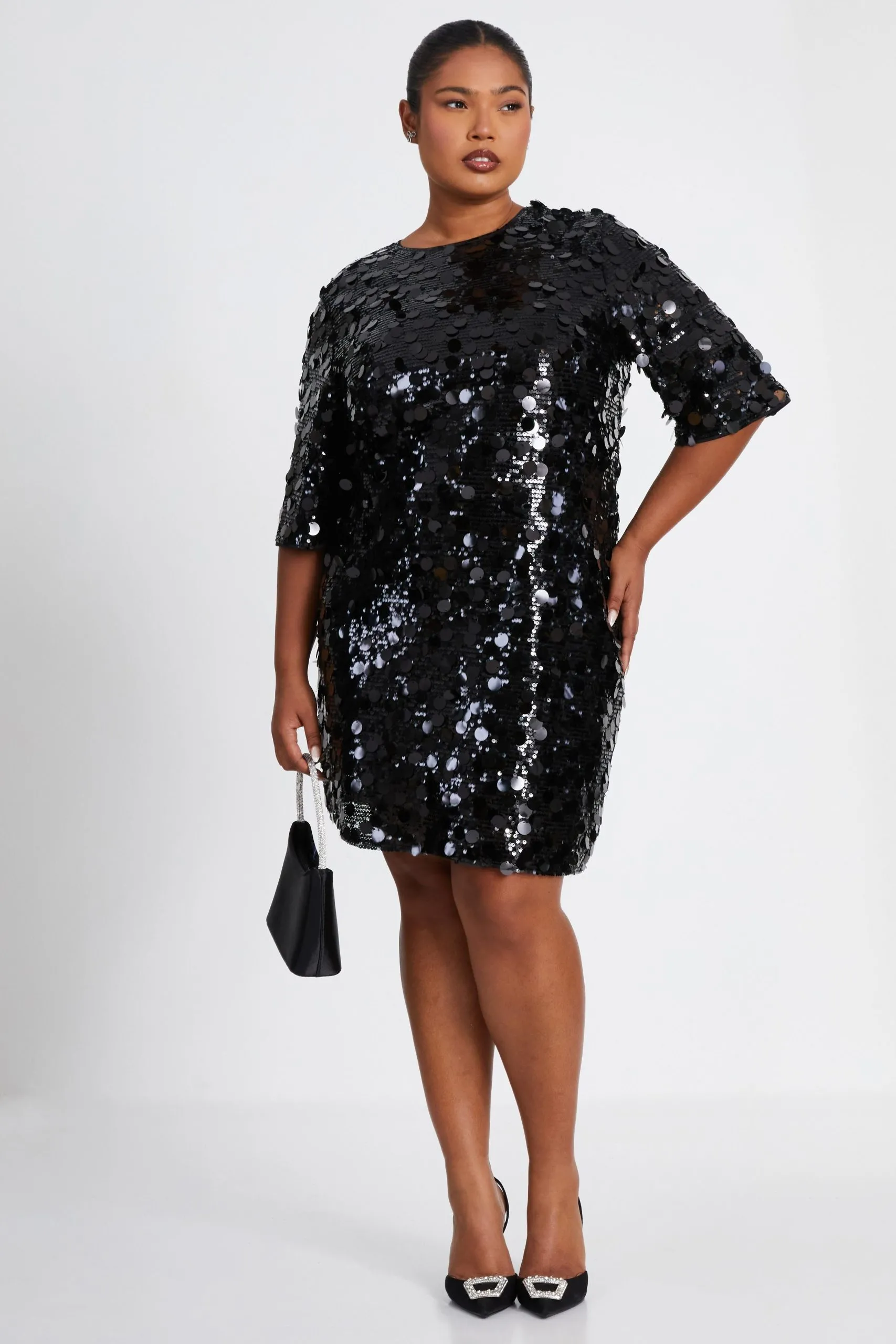 Black Curve Sequin Boxy Tunic Dress