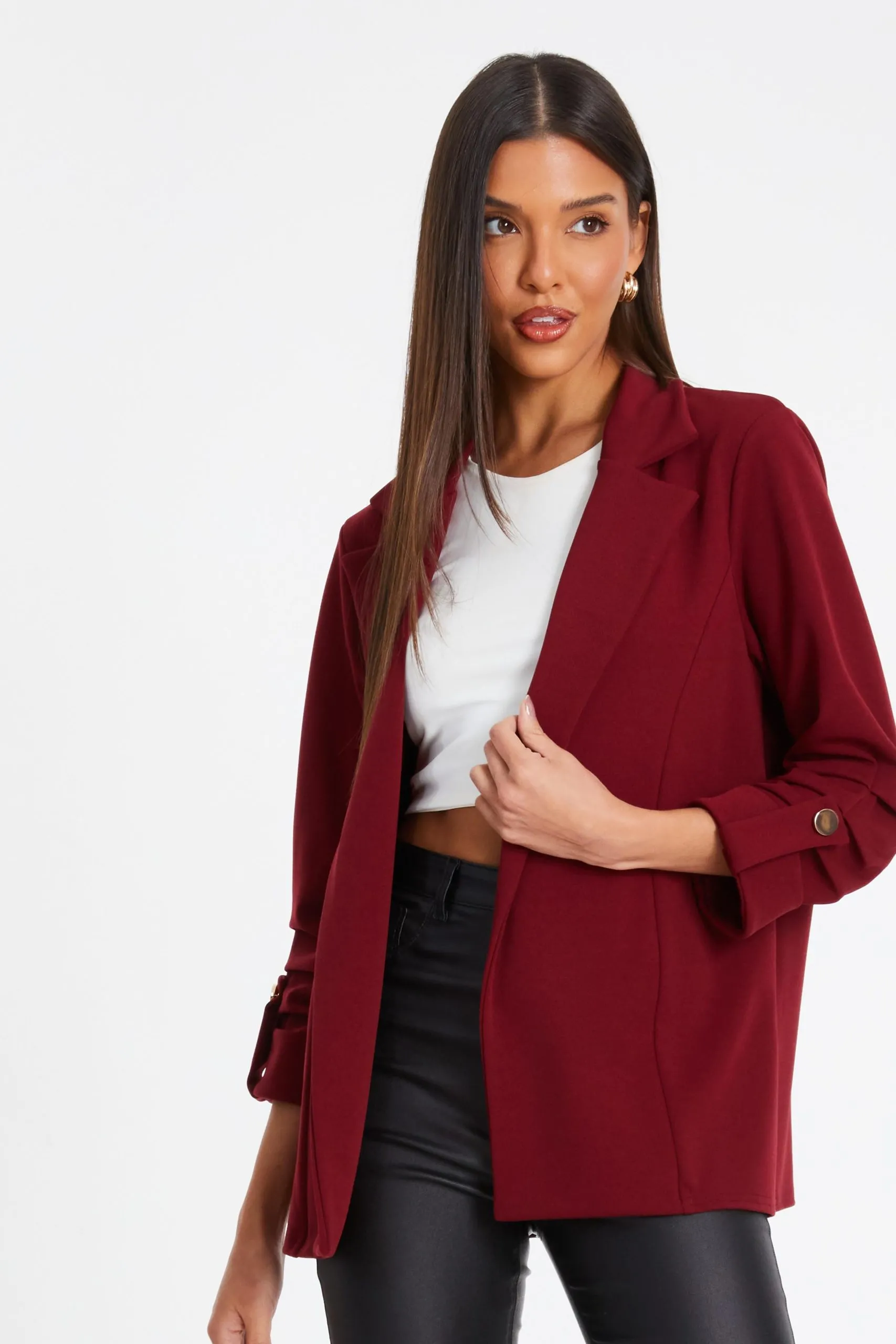 Red Ruched Sleeve Blazer