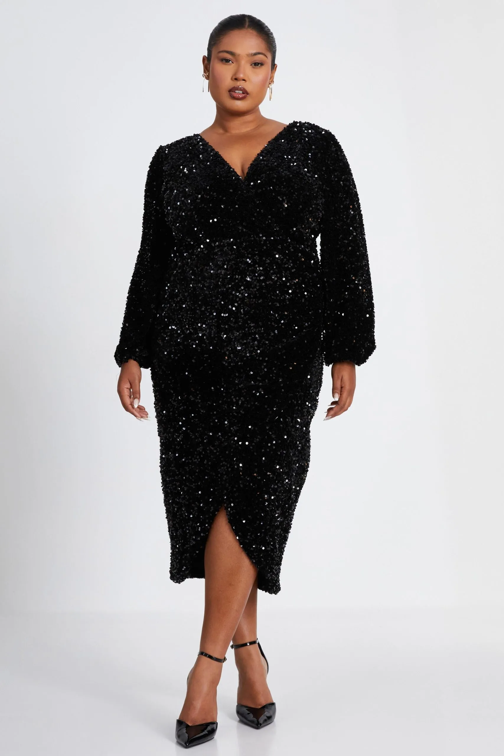 Black Curve Sequin Midi Dress