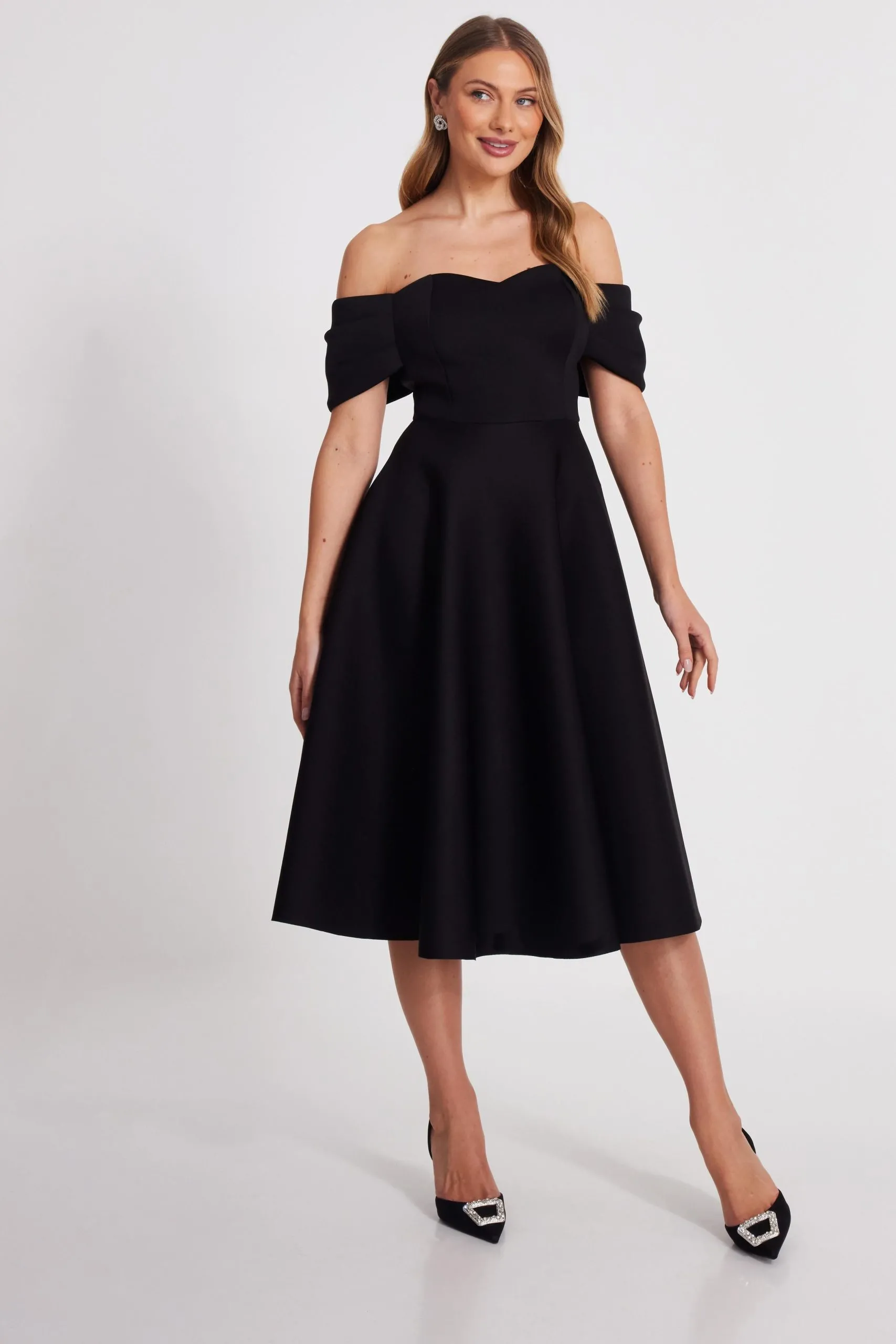 Black Bardot Midi Skater Dress