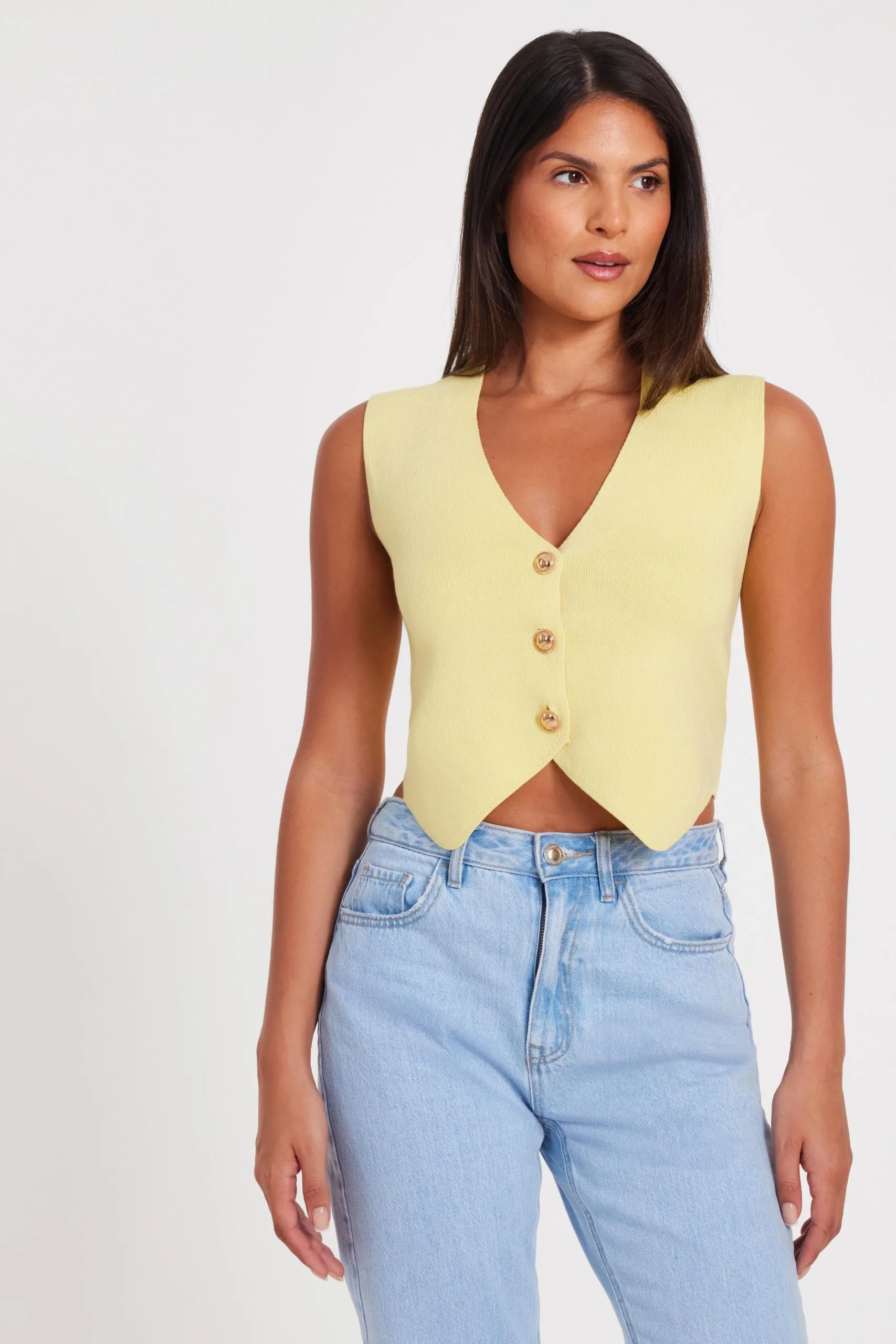 Yellow Knitted Button Front Waistcoat