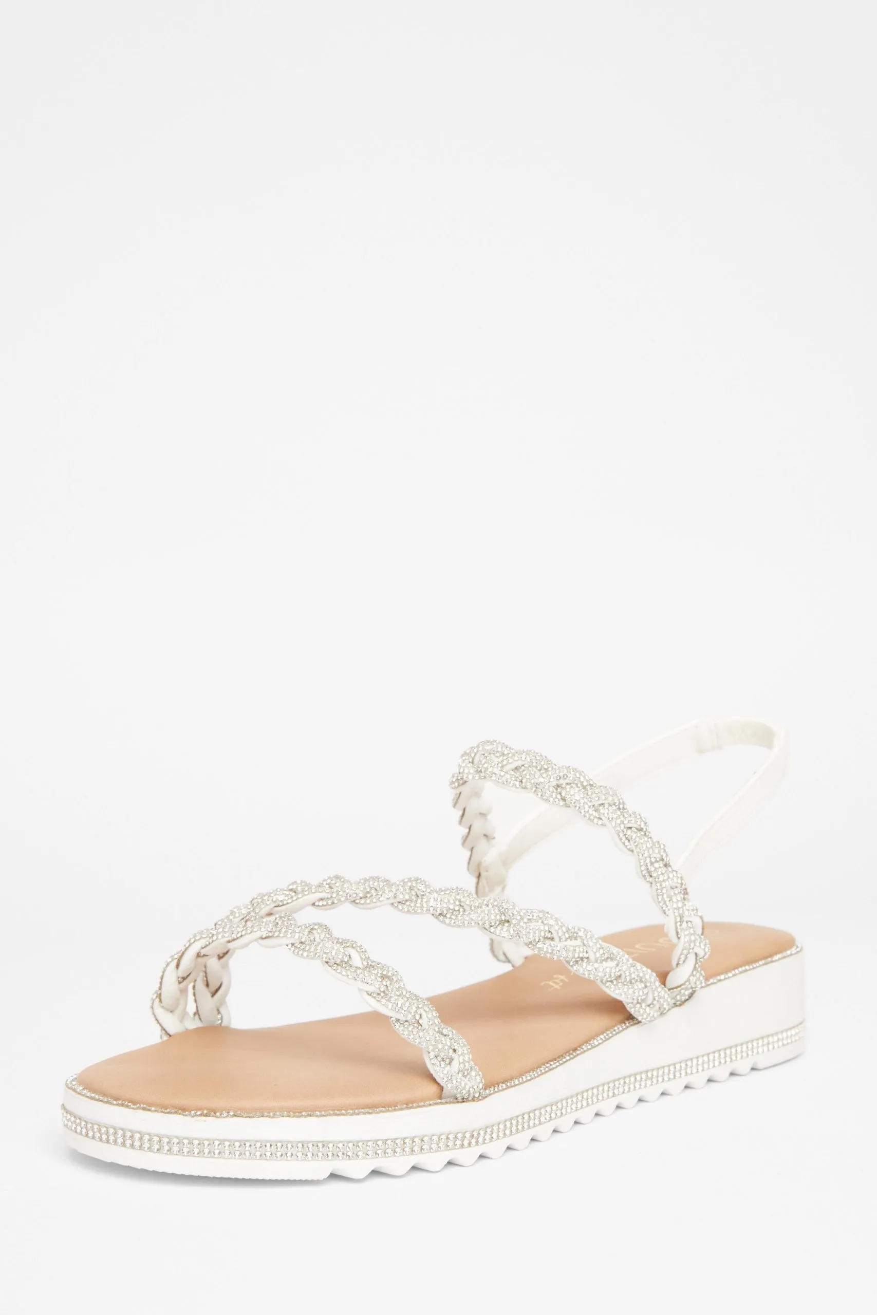White Wide Fit Diamante Flat Sandals