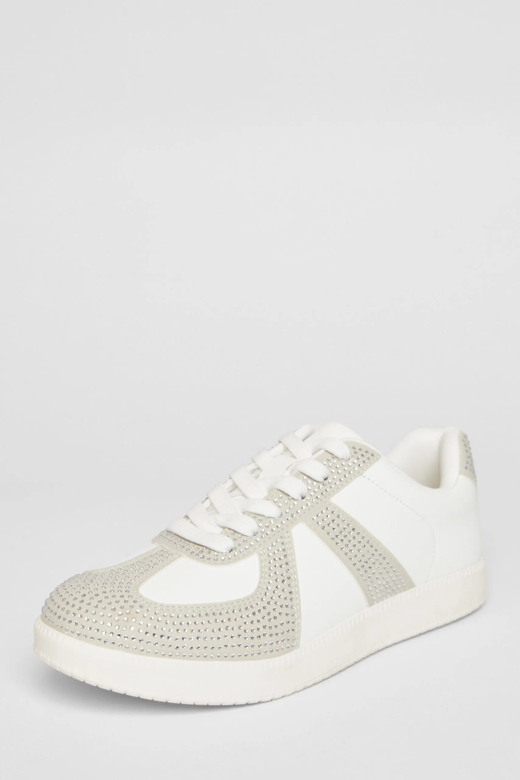 White Faux Leather Diamante Trainers