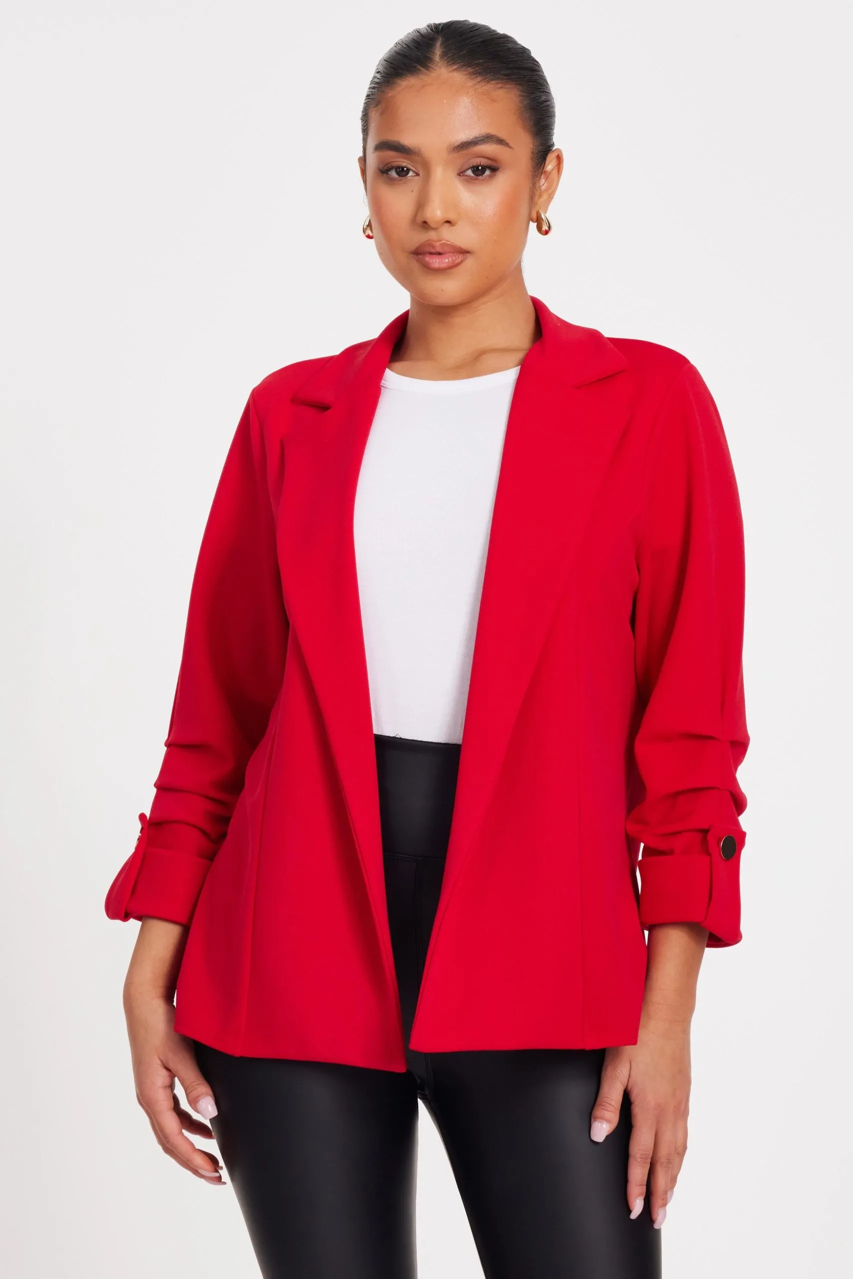 Red Petite Ruched Sleeve Blazer