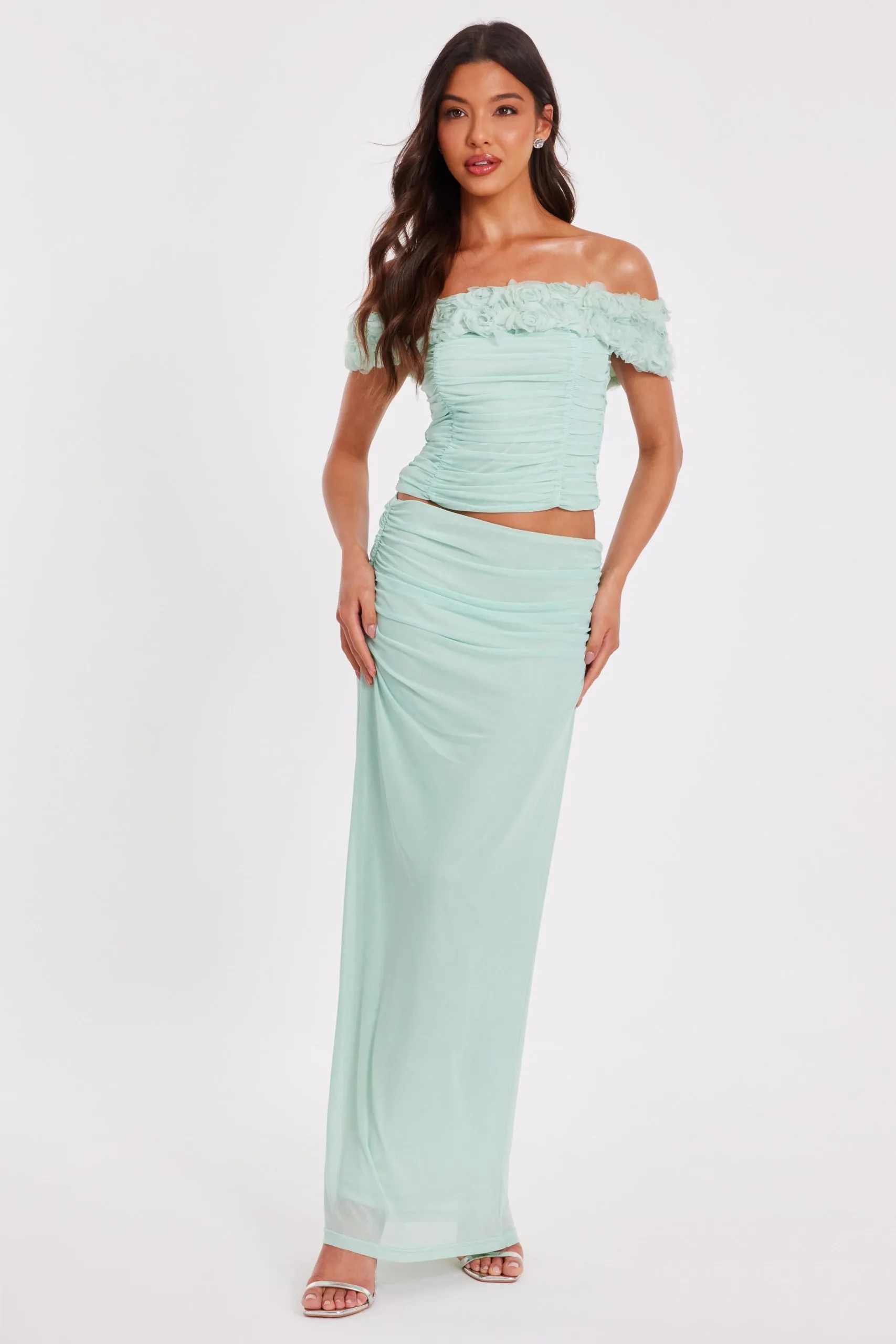 Light Green Mesh Ruched Midaxi Skirt