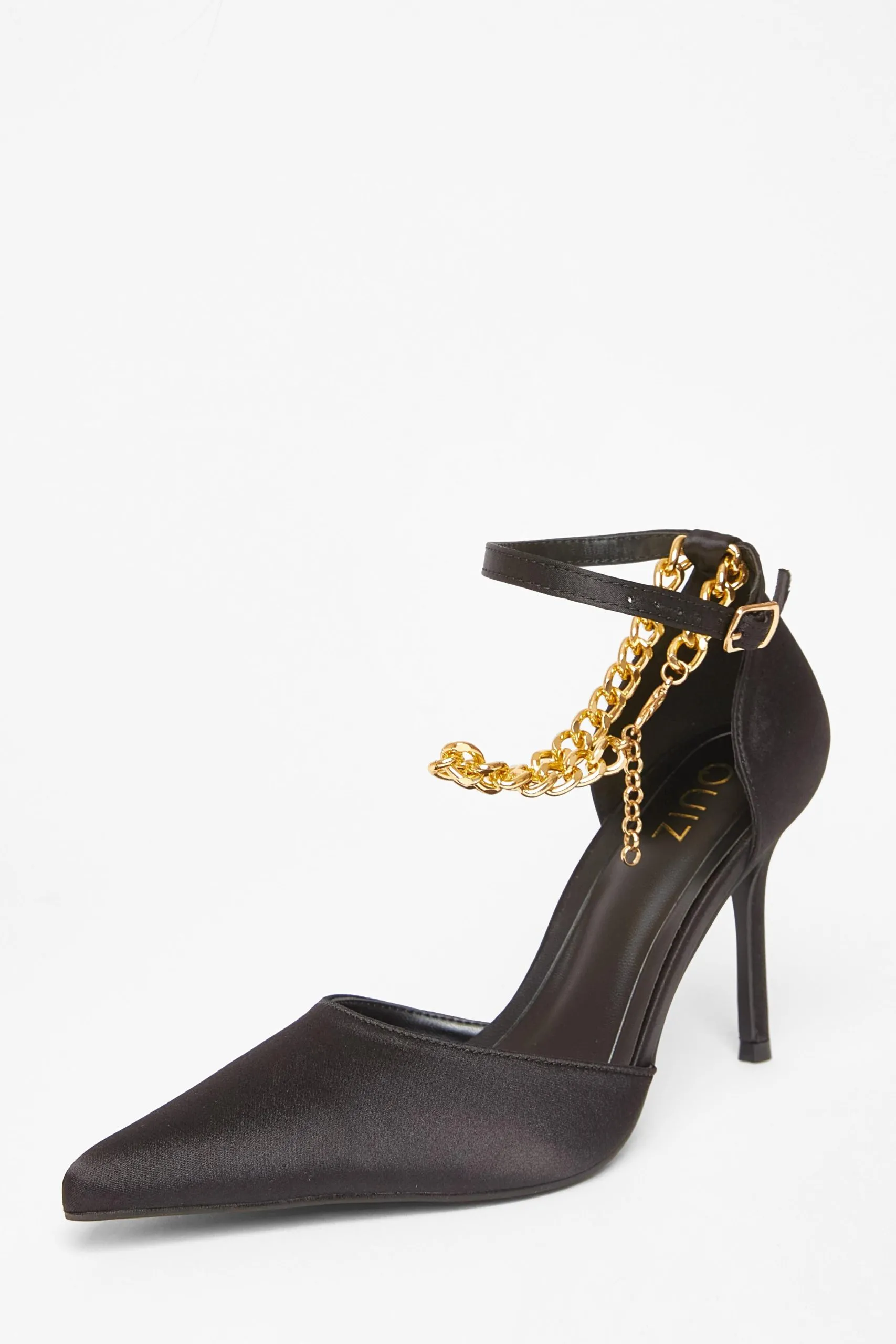 Black Satin Chain Strap Court Heels