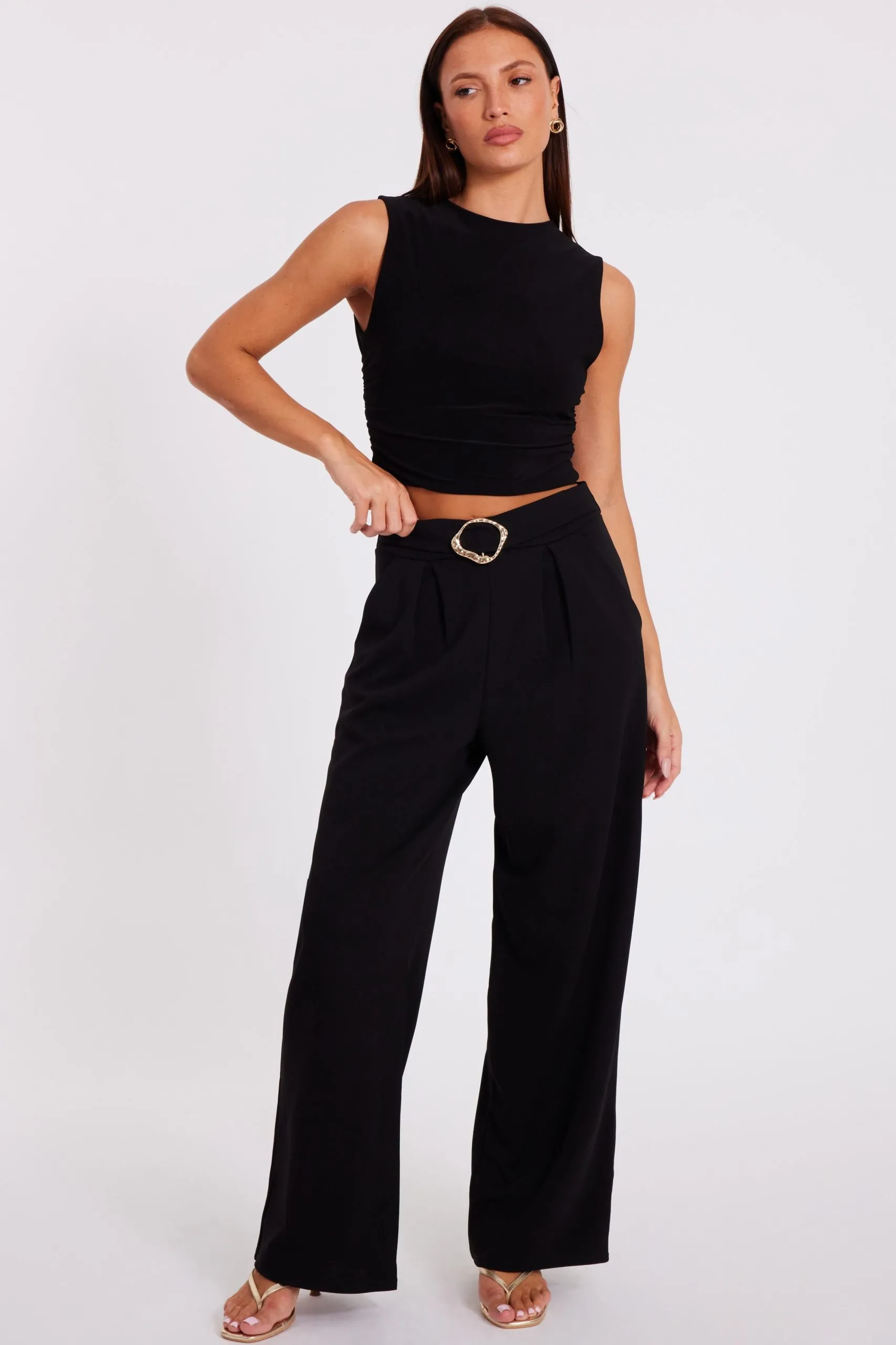 Black Buckle Front Palazzo Trouser