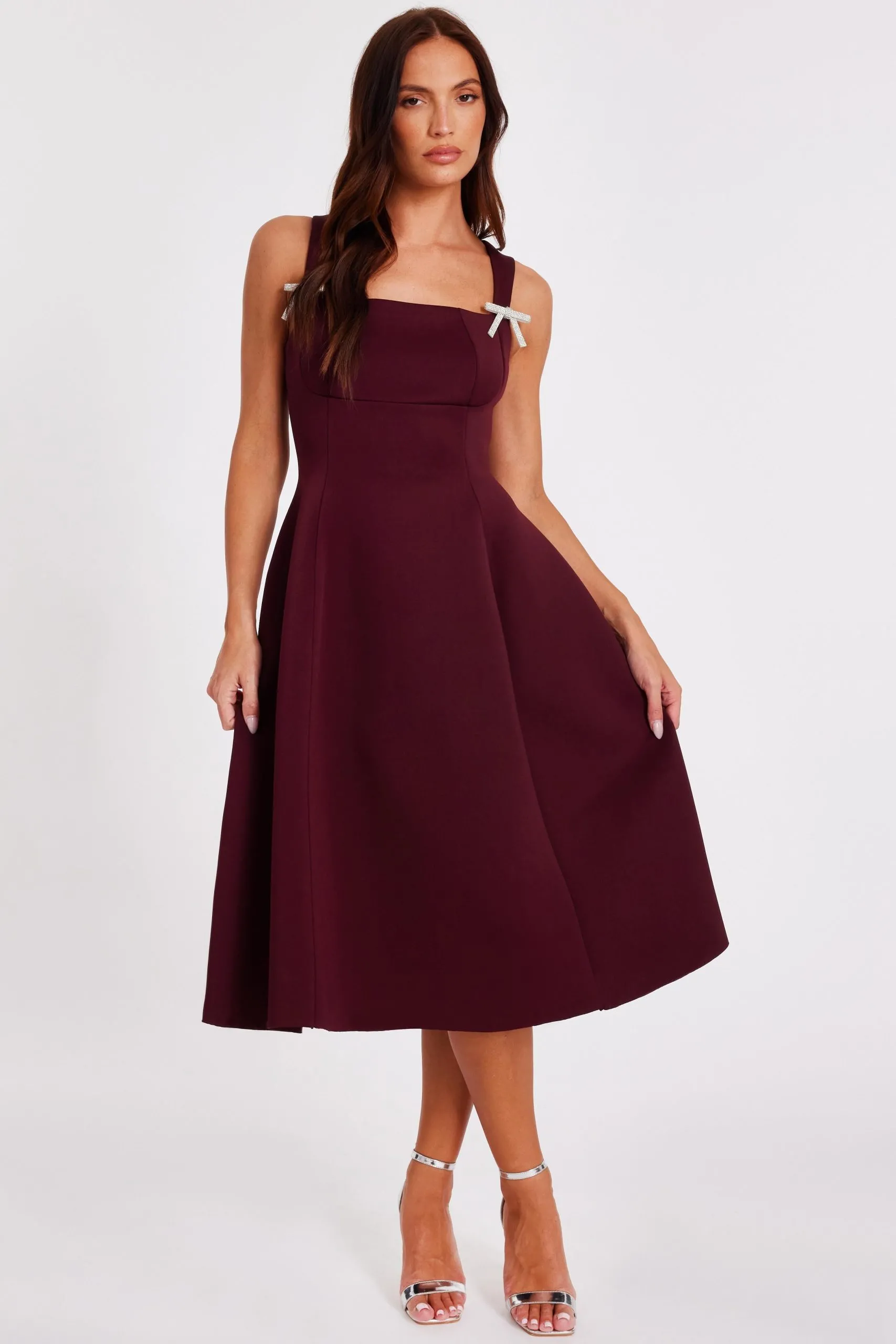Wine Diamante Bow Midi Dress