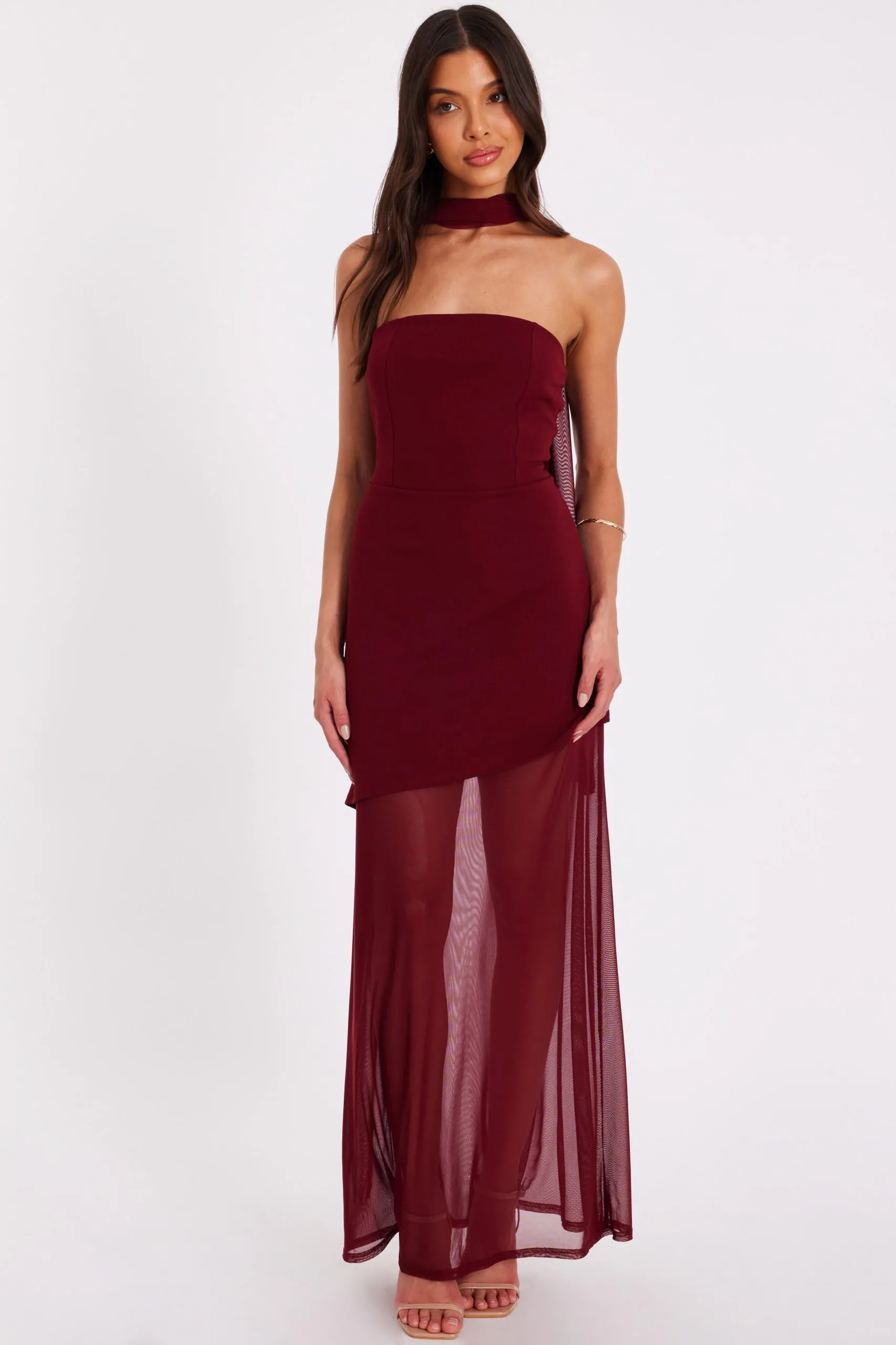 Wine Strapless Mesh Hem Maxi Dress