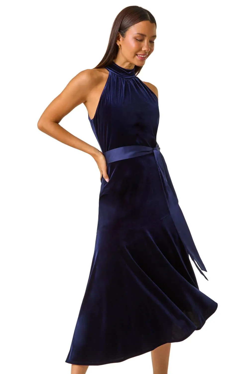 Velvet Halter Neck Ruffle Hem Midi Dress