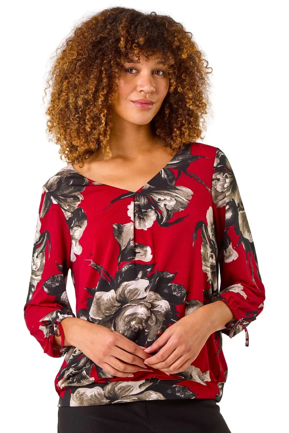 V-Neck Floral Print Tie Sleeve Top