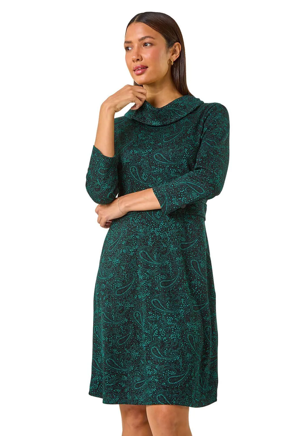 Abstract Print Cowl Neck Tab Detail Dress