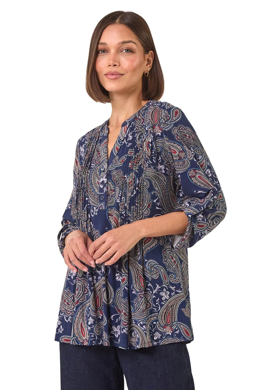 Paisley Print Pintuck Stretch Shirt