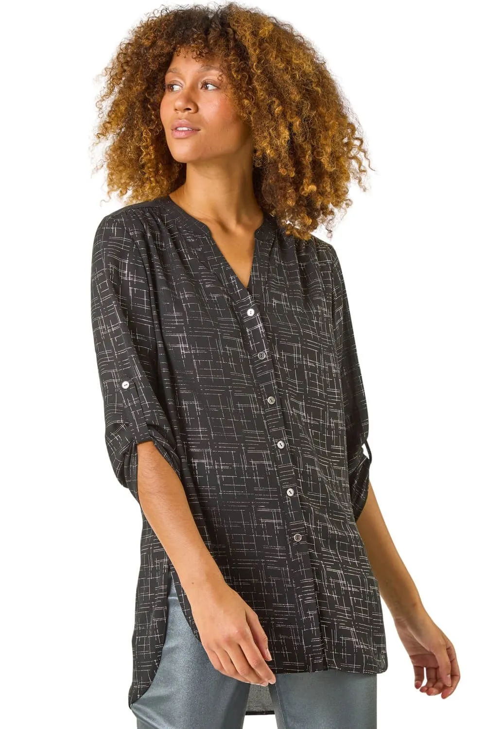 V-Neck Metallic Print Blouse
