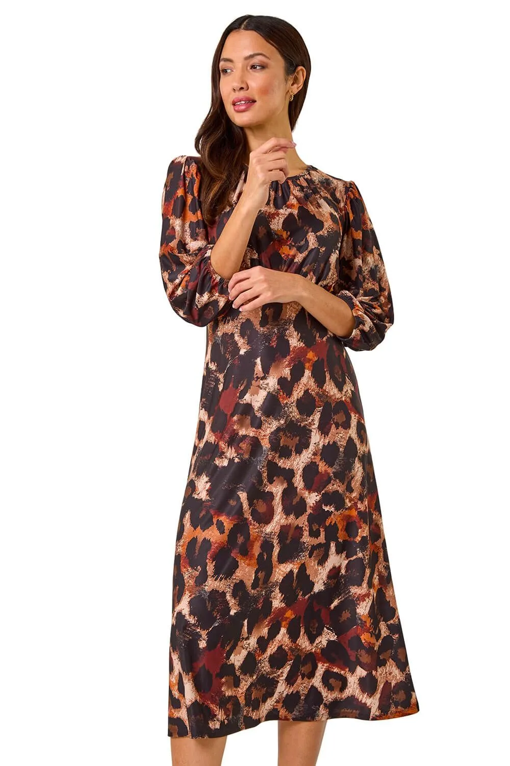 Animal Print Gathered Stretch Midi Dress