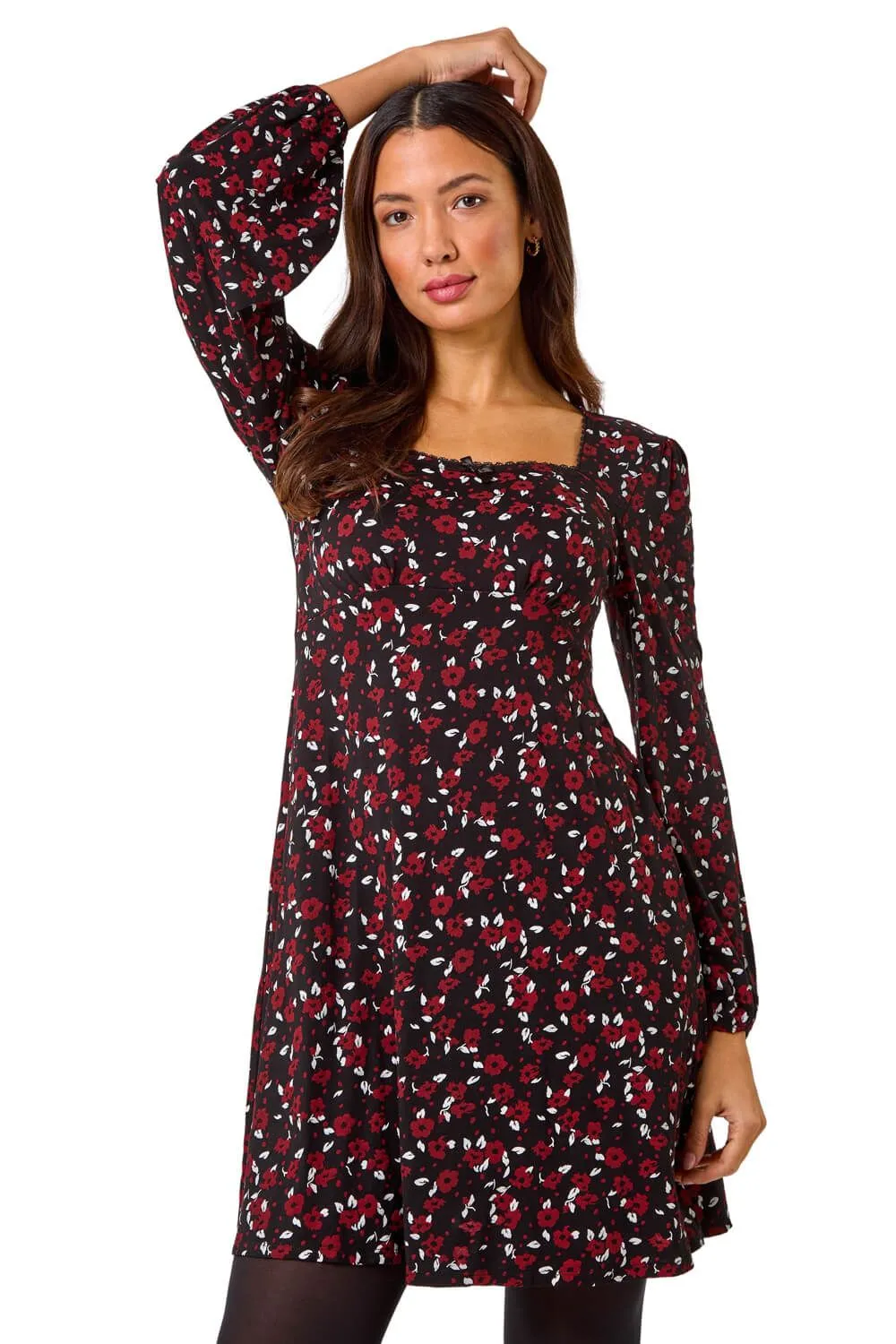 Ditsy Print Lace Trim Stretch Dress