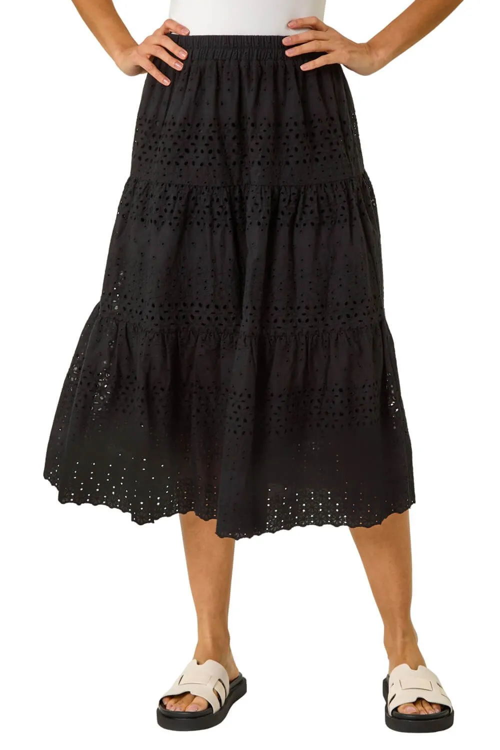 Broderie Cotton A-Line Midi Skirt