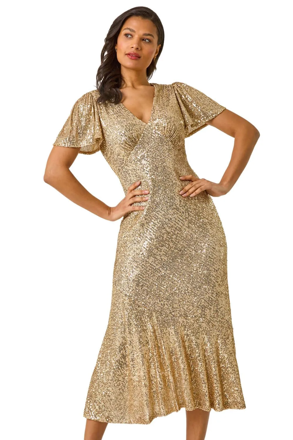 Sequin Frill Hem Midi Dress